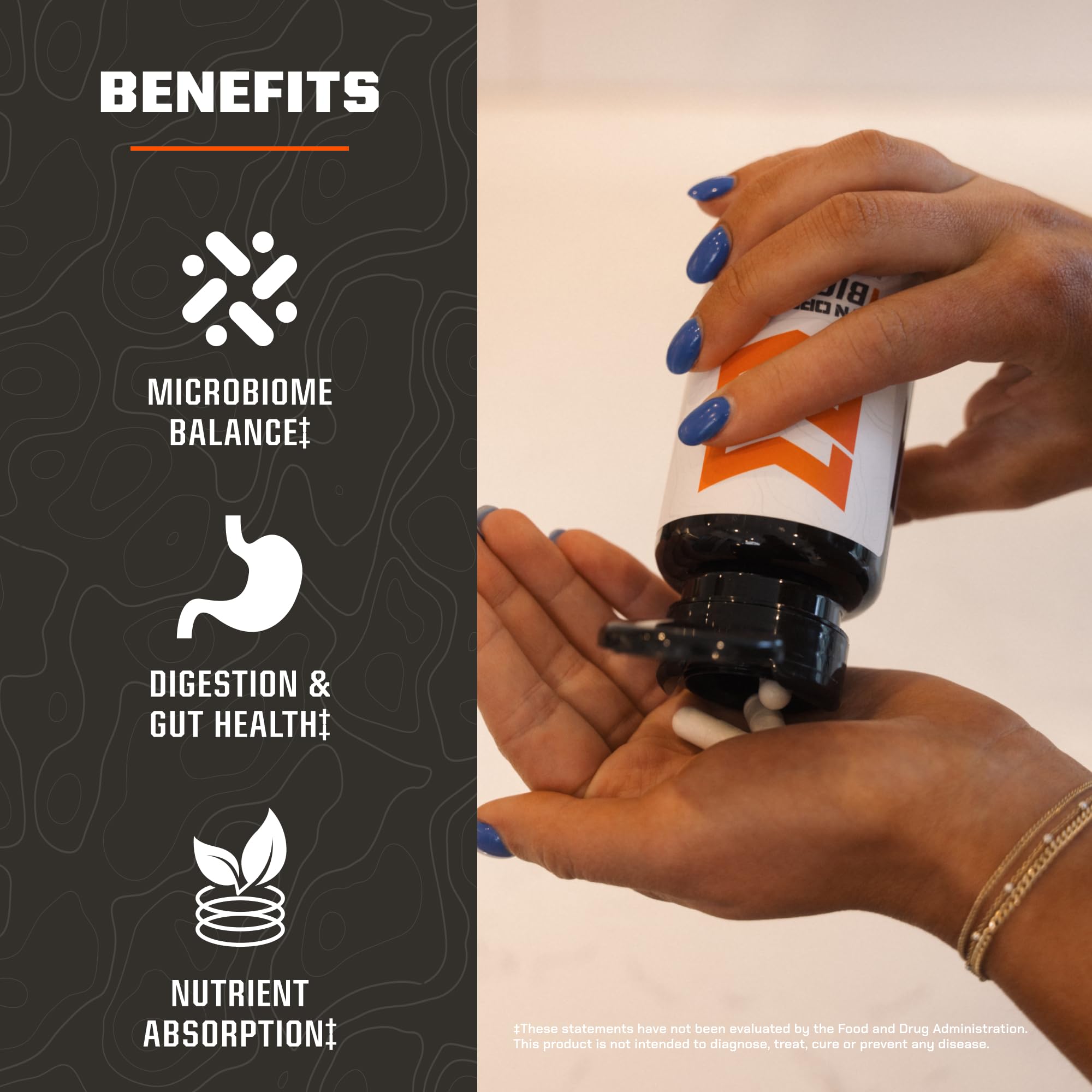 MTN OPS Biotics, etiqueta frontal, marca la calidad de apoyo digestivo.
