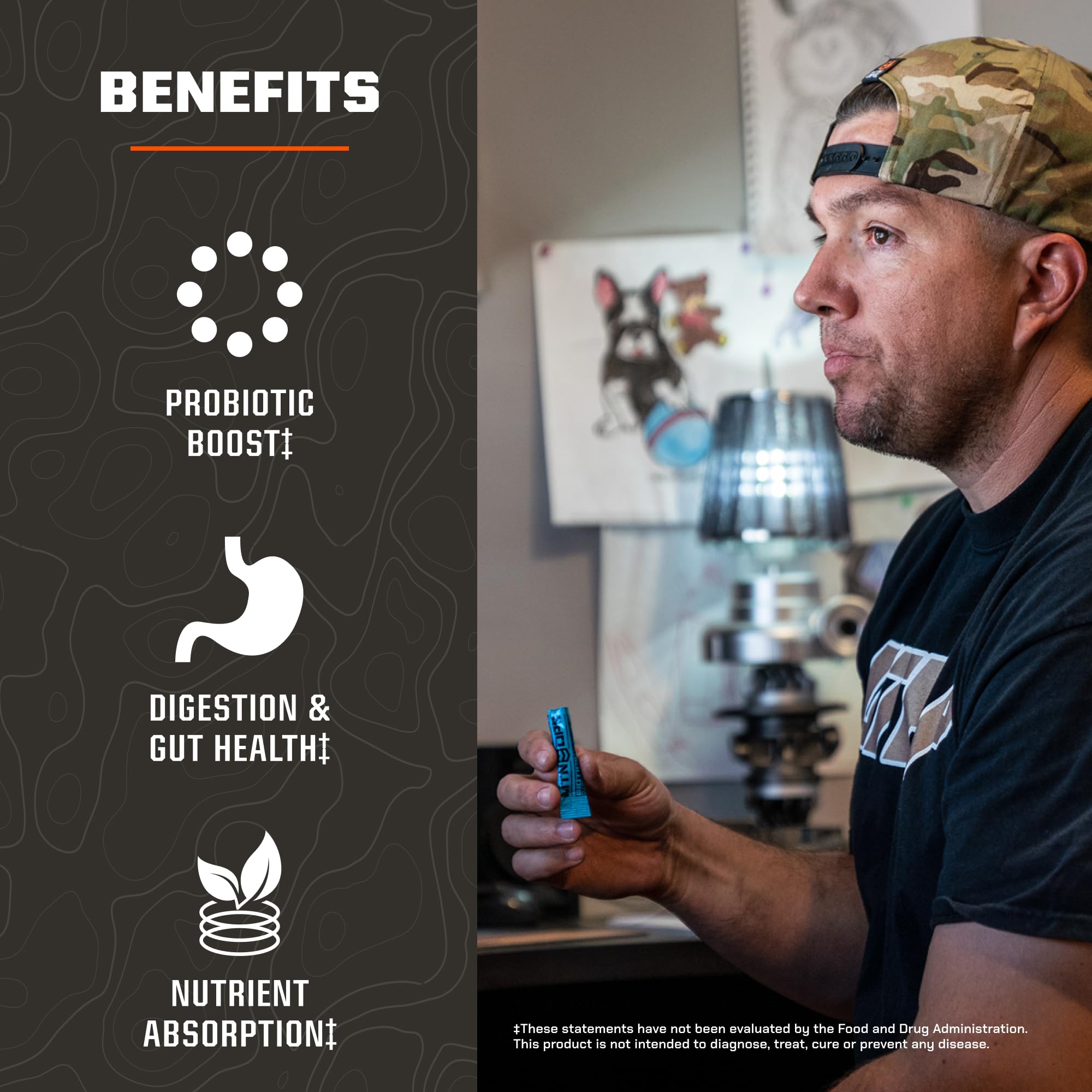 Pack de 30 porciones MTN OPS Biotics STM, práctico para rutinas.