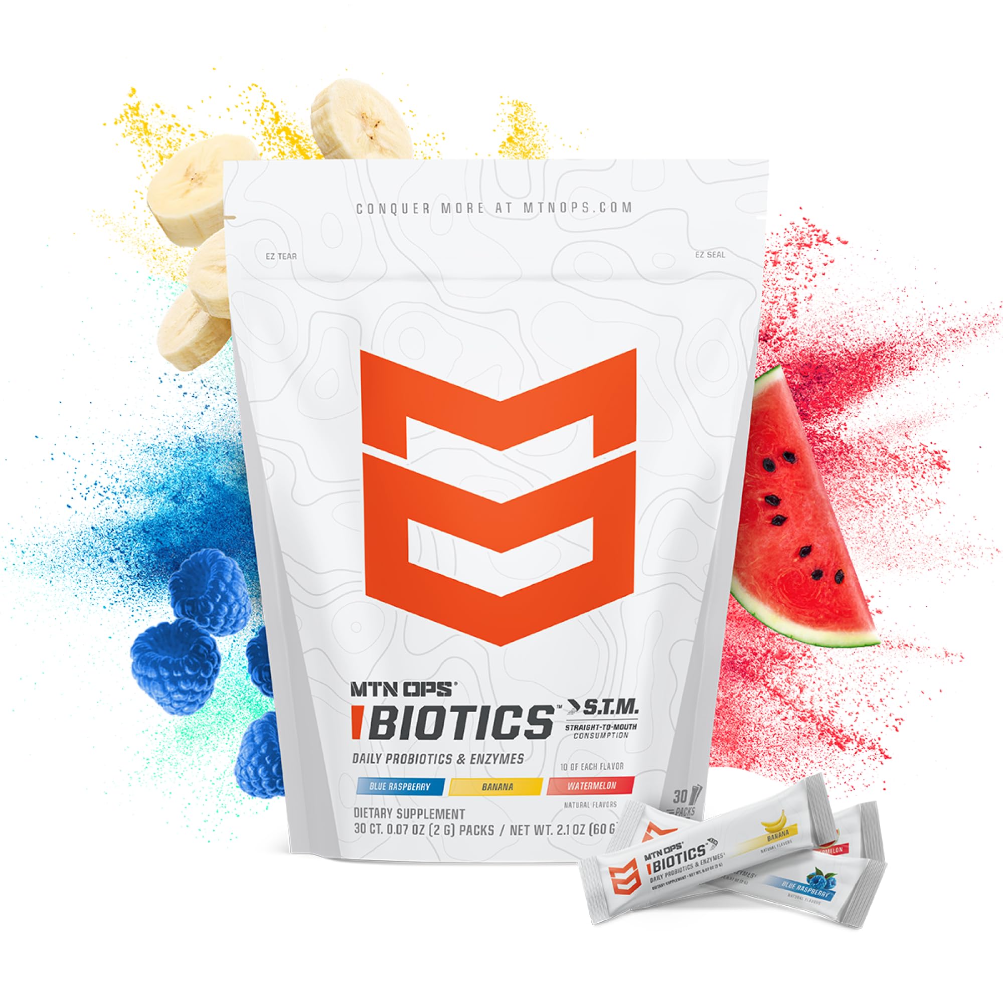 MTN OPS Biotics STM sabor arándano azul, formato portátil para viajar.