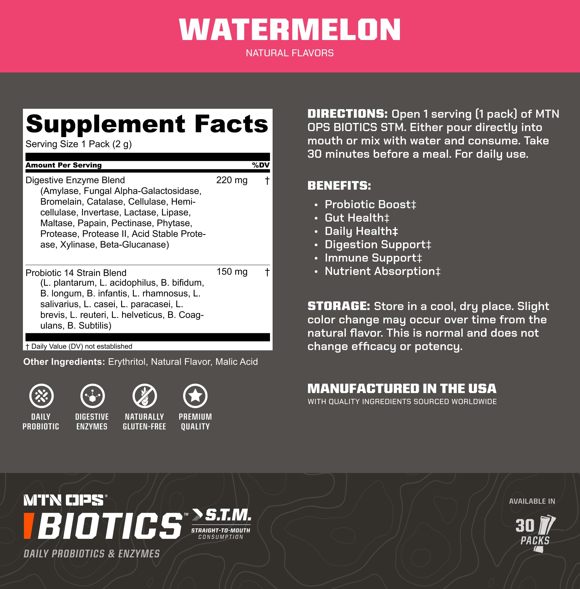 MTN OPS Biotics STM sabor sandía, experiencia refrescante para la digestión.