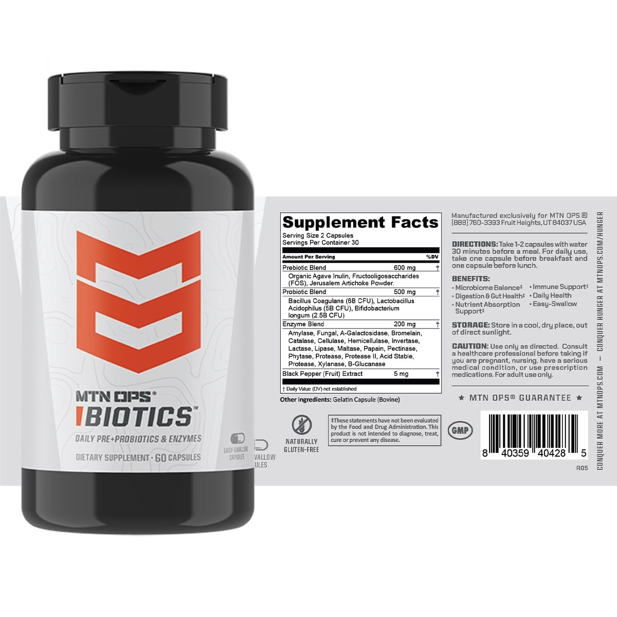 MTN OPS Biotics, textura de cápsula, fácil de tragar con agua.