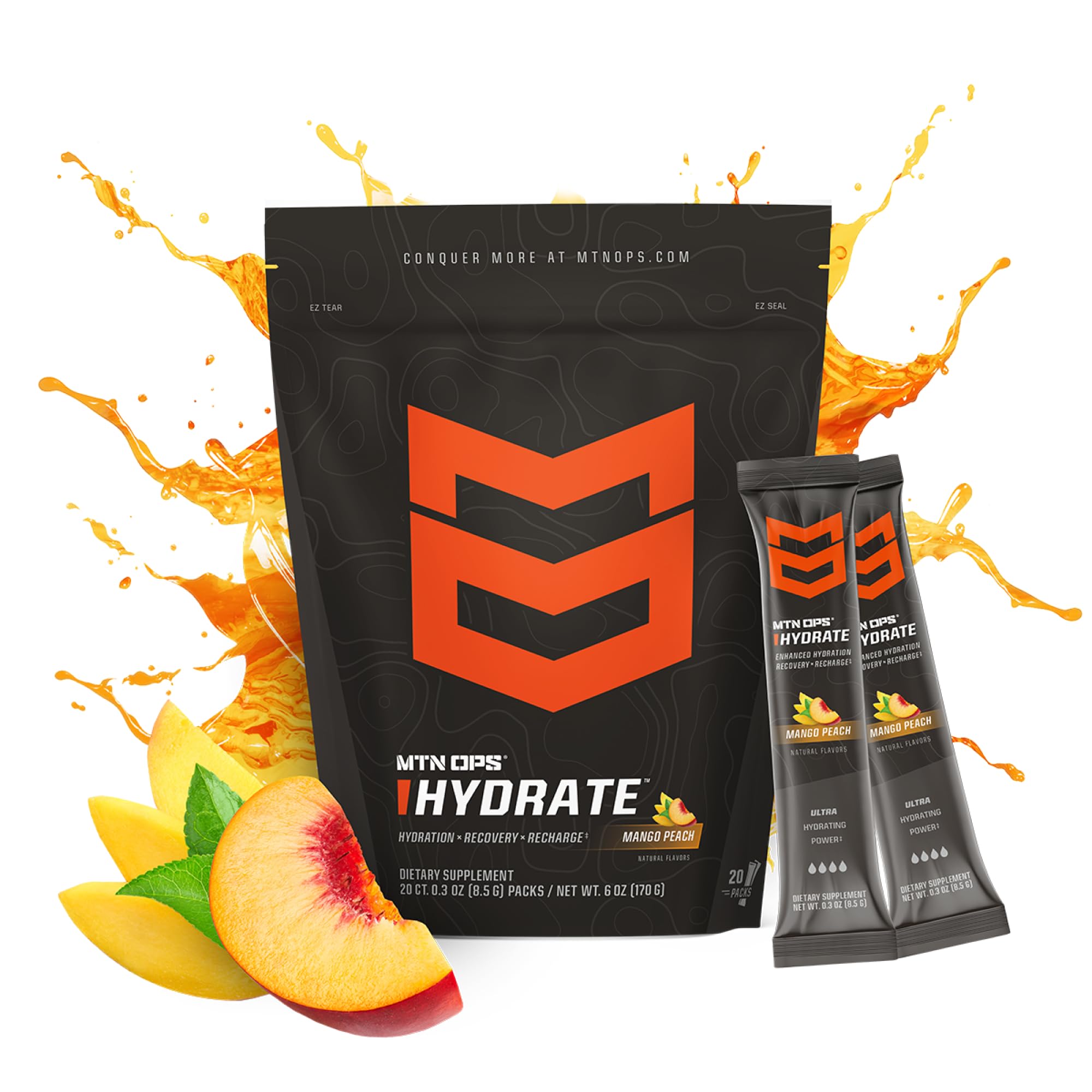 MTN OPS Hydrate: sobres mango-pesca para llevar y mezclar al instante.