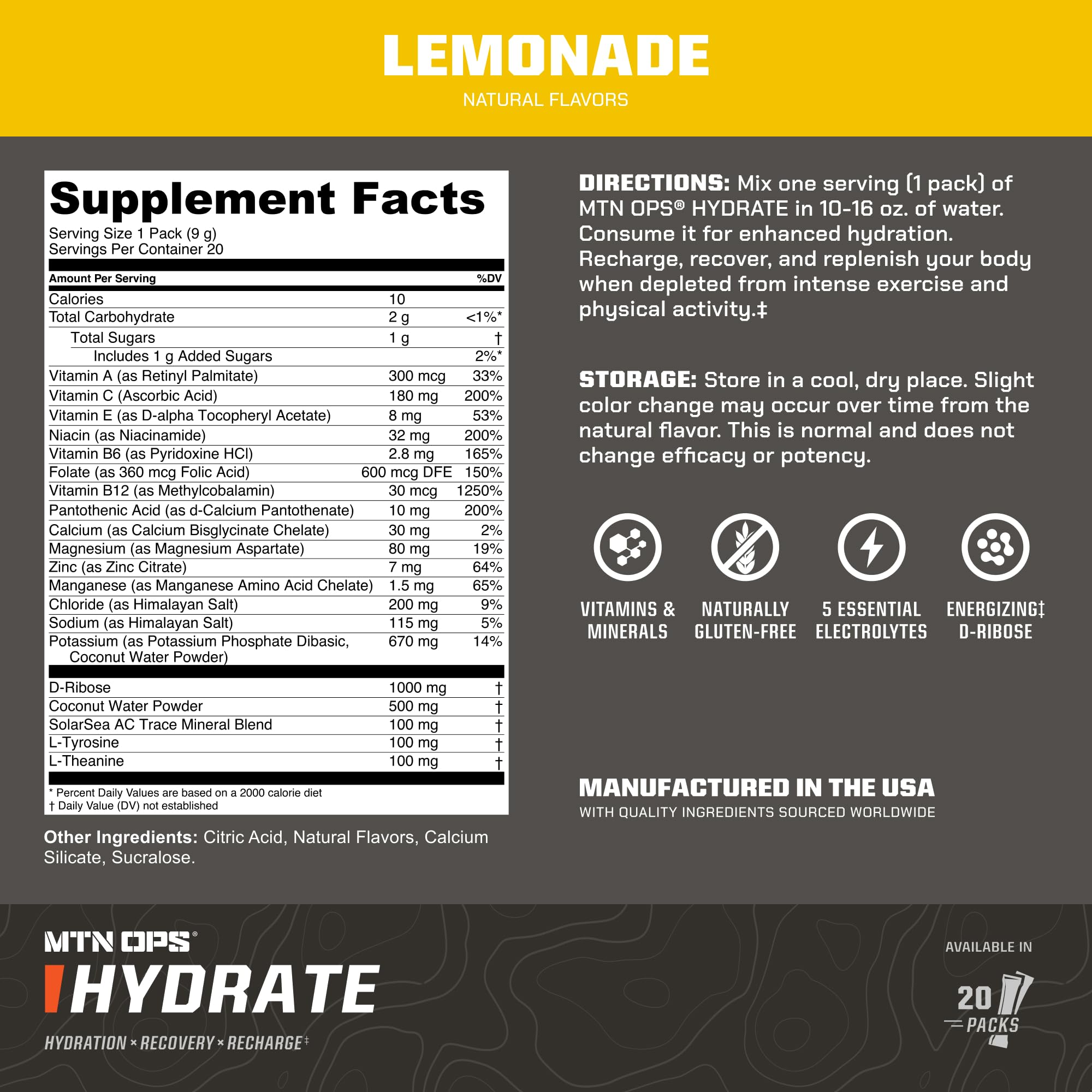 MTN OPS Hydrate mezcla rápida en agua, sabor refrescante y absorción rápida.