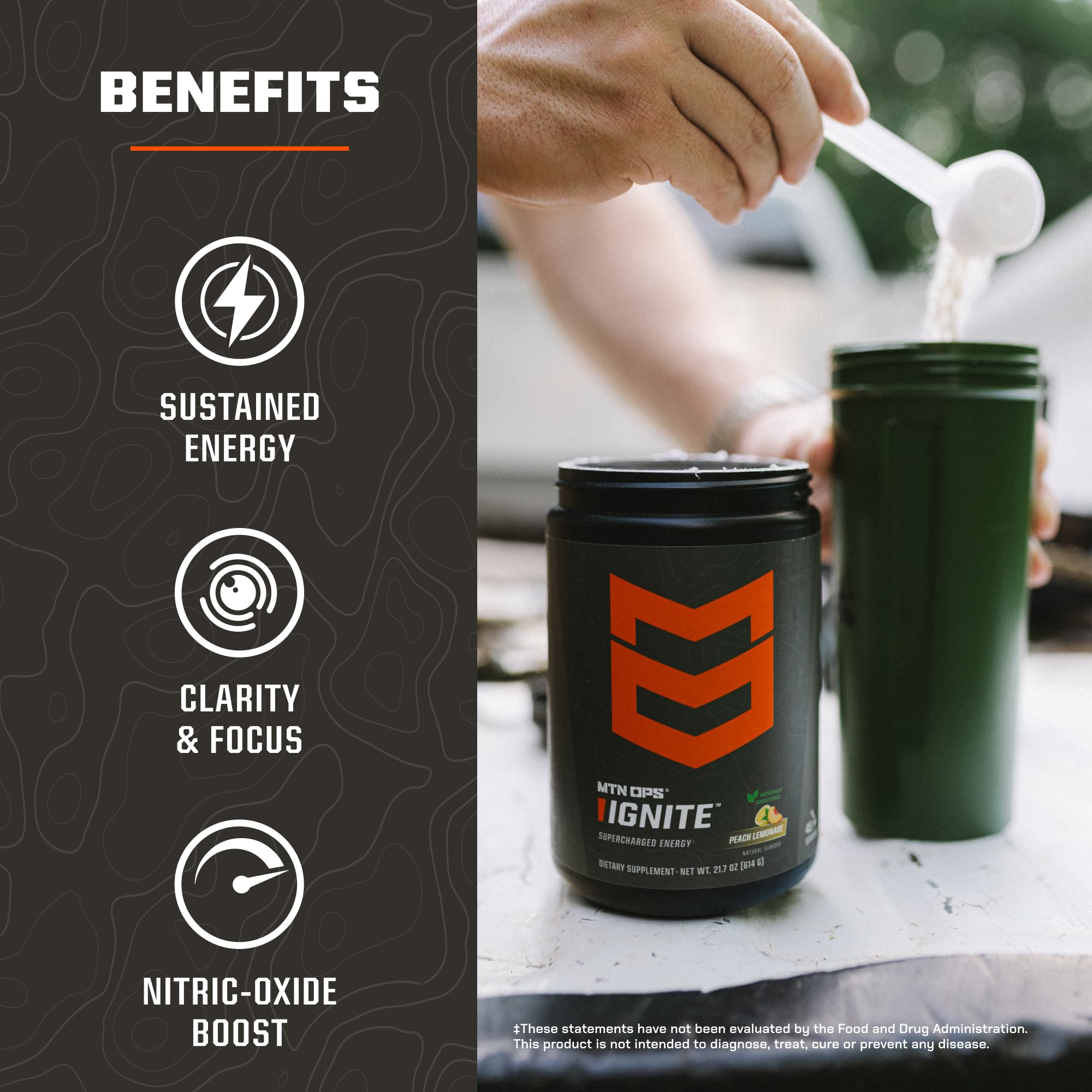 Vaso con MTN OPS Ignite bebida energizante para entrenamiento y estudio.