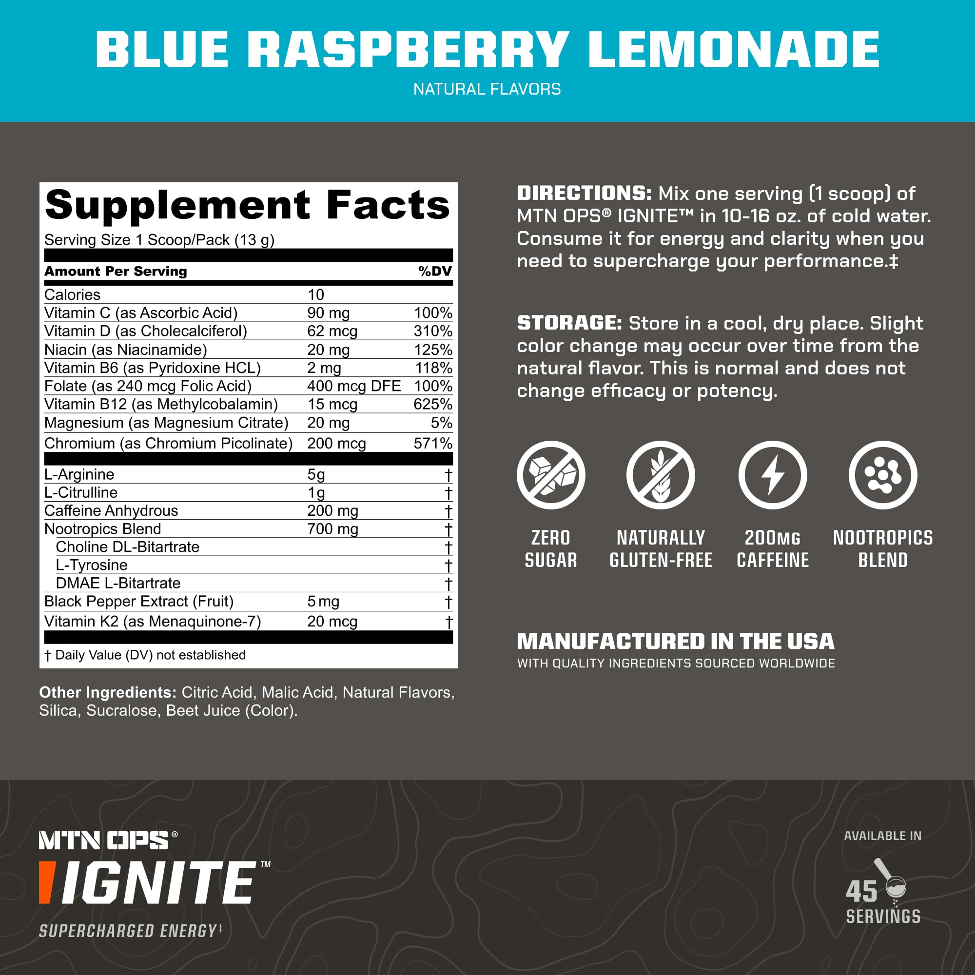 MTN OPS Ignite cafeína 200 mg para impulso inmediato.