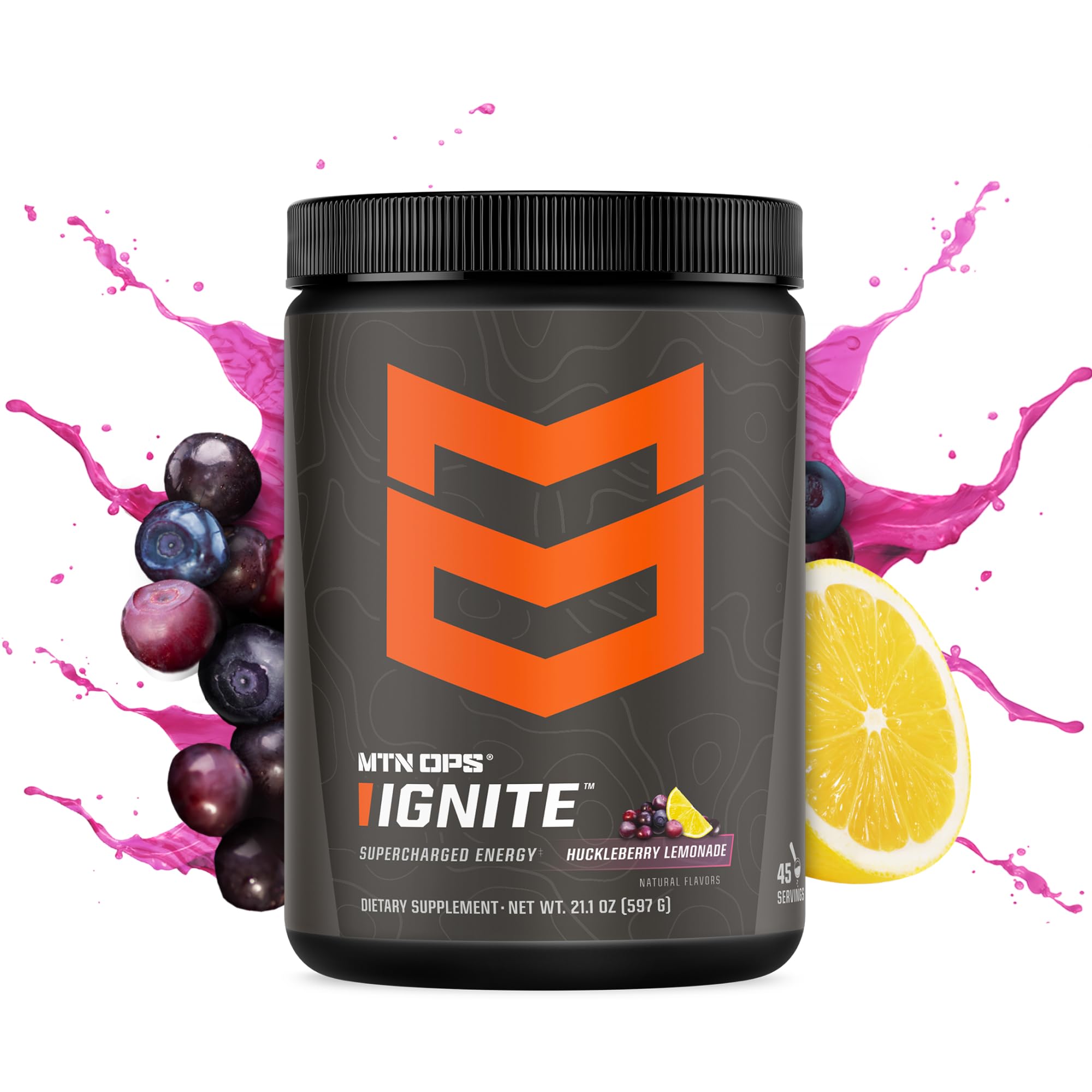MTN OPS Ignite cucharada medidora junto a vaso para enfoque rápido.