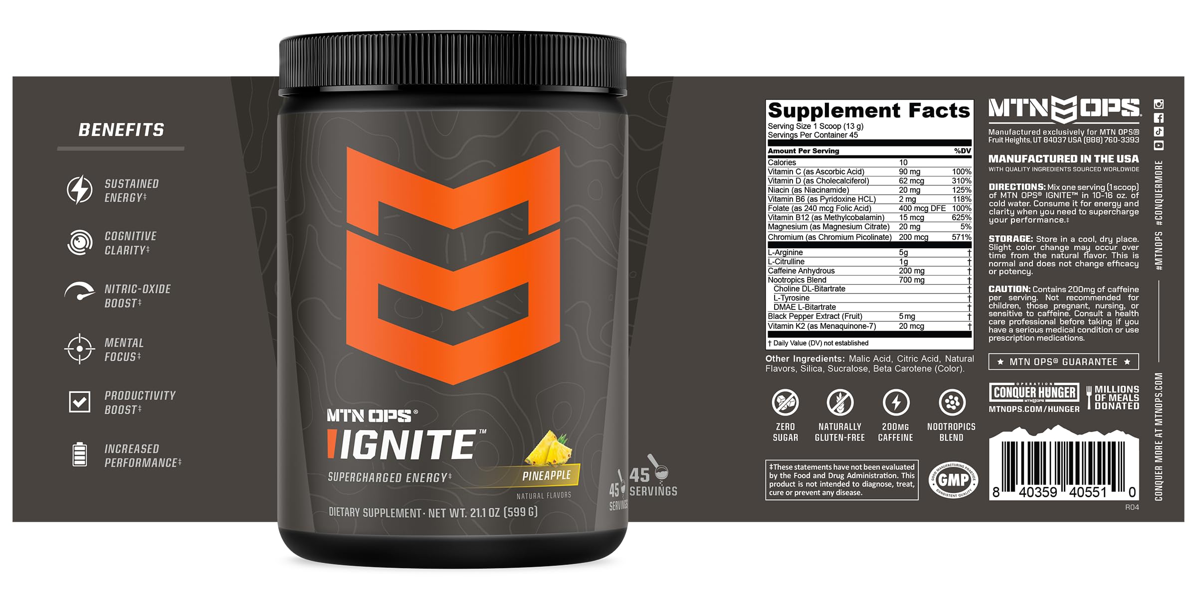 MTN OPS Ignite sin azucar, estilo de vida activo con bebida lista para usar.