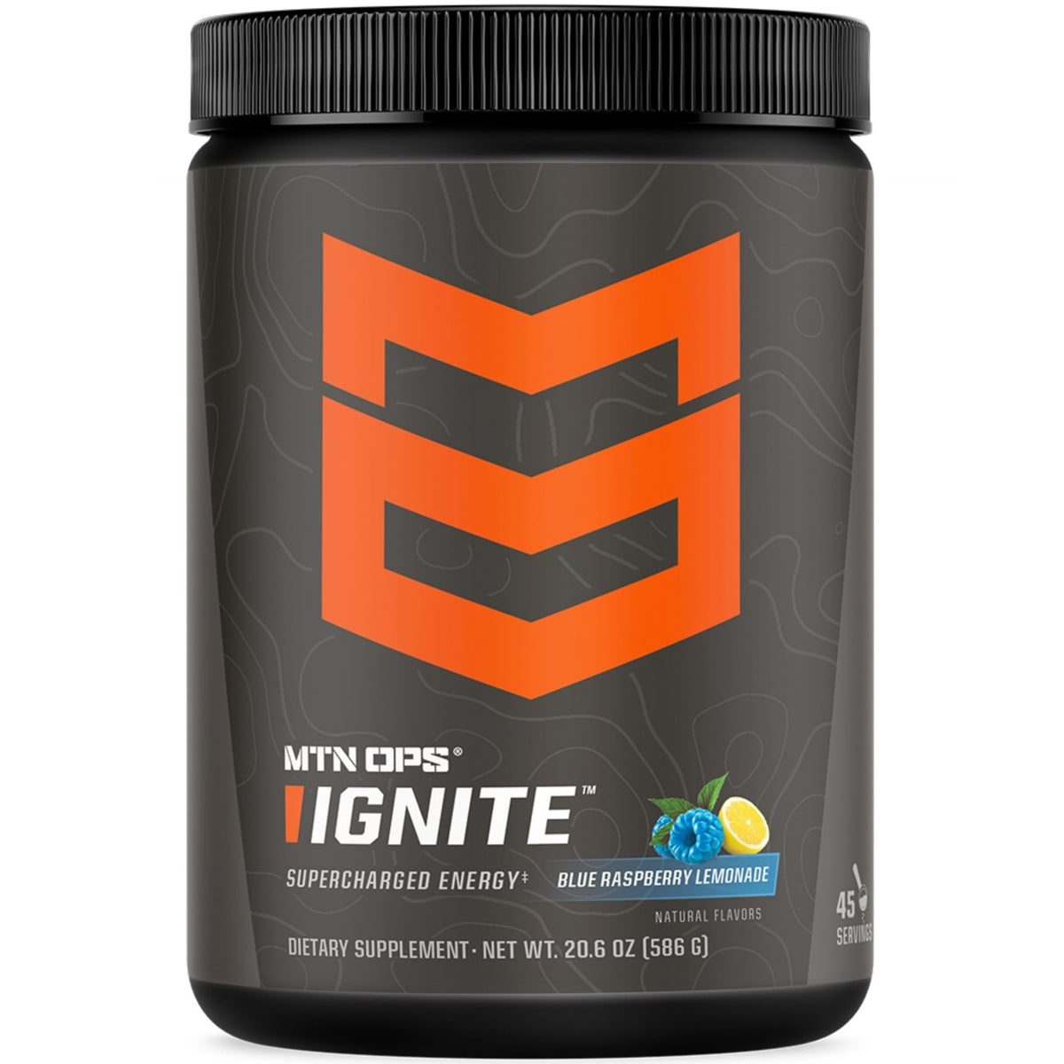 MTN OPS Ignite polvo energía azul frambuesa para enfoque sostenido.