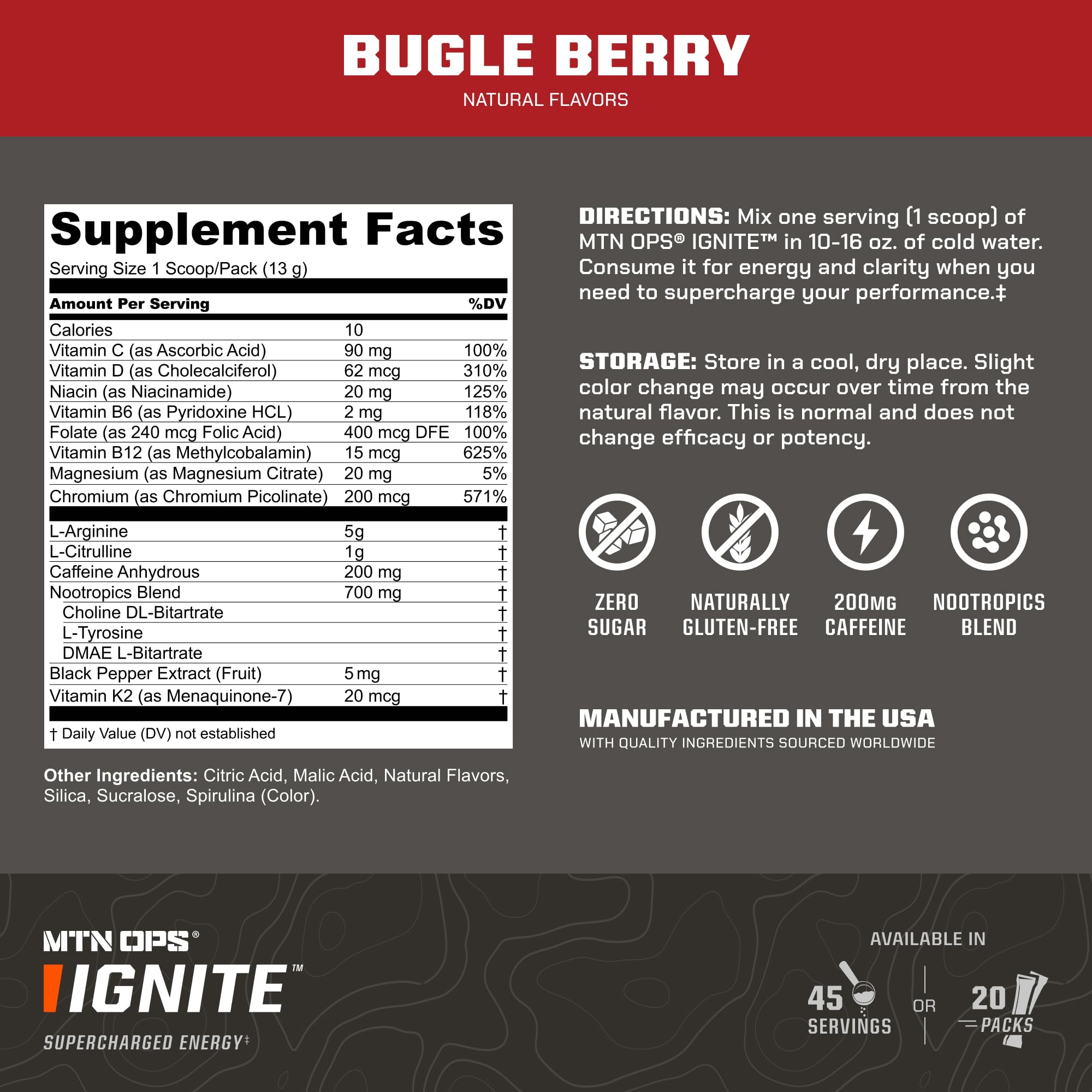 MTN OPS Ignite Sin Azúcar, vaso con bebida lista para tomar, sabor Bugle Berry.