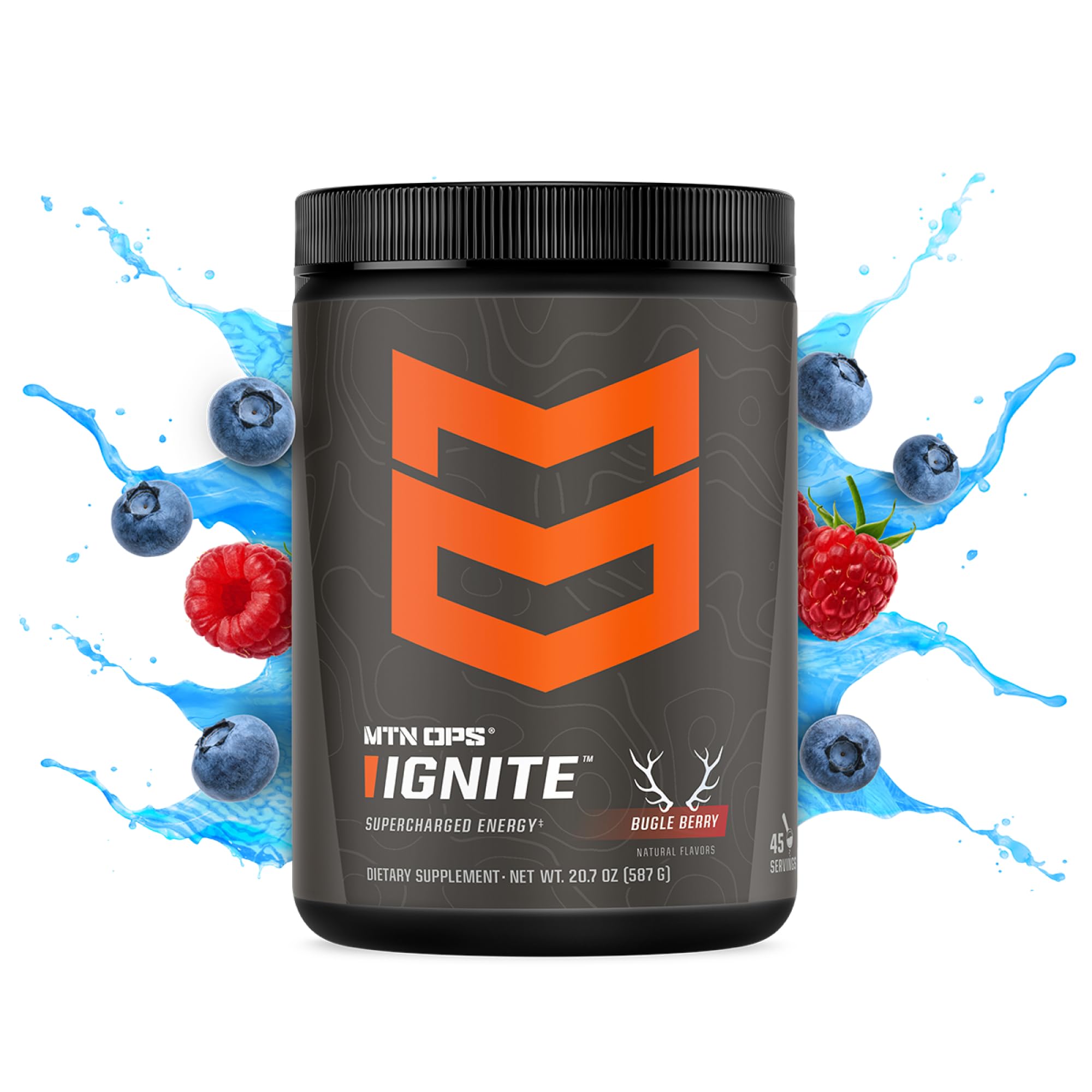 MTN OPS Ignite Sin Azúcar, cucharada con mezcla, enfoque sostenido para rendimiento.