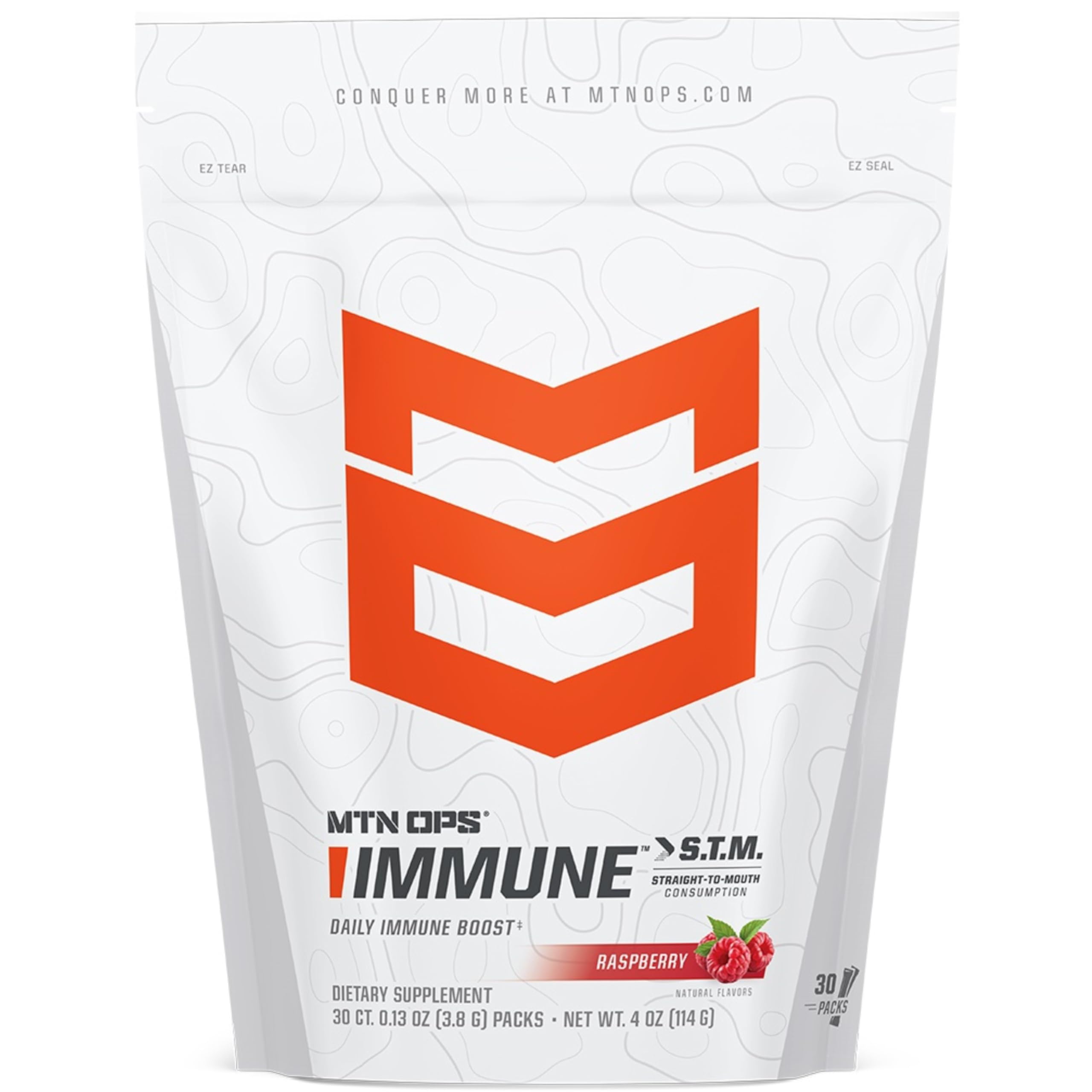MTN OPS Immune STM, envase de polvo listo para consumir, apoyo diario al sistema inmune.