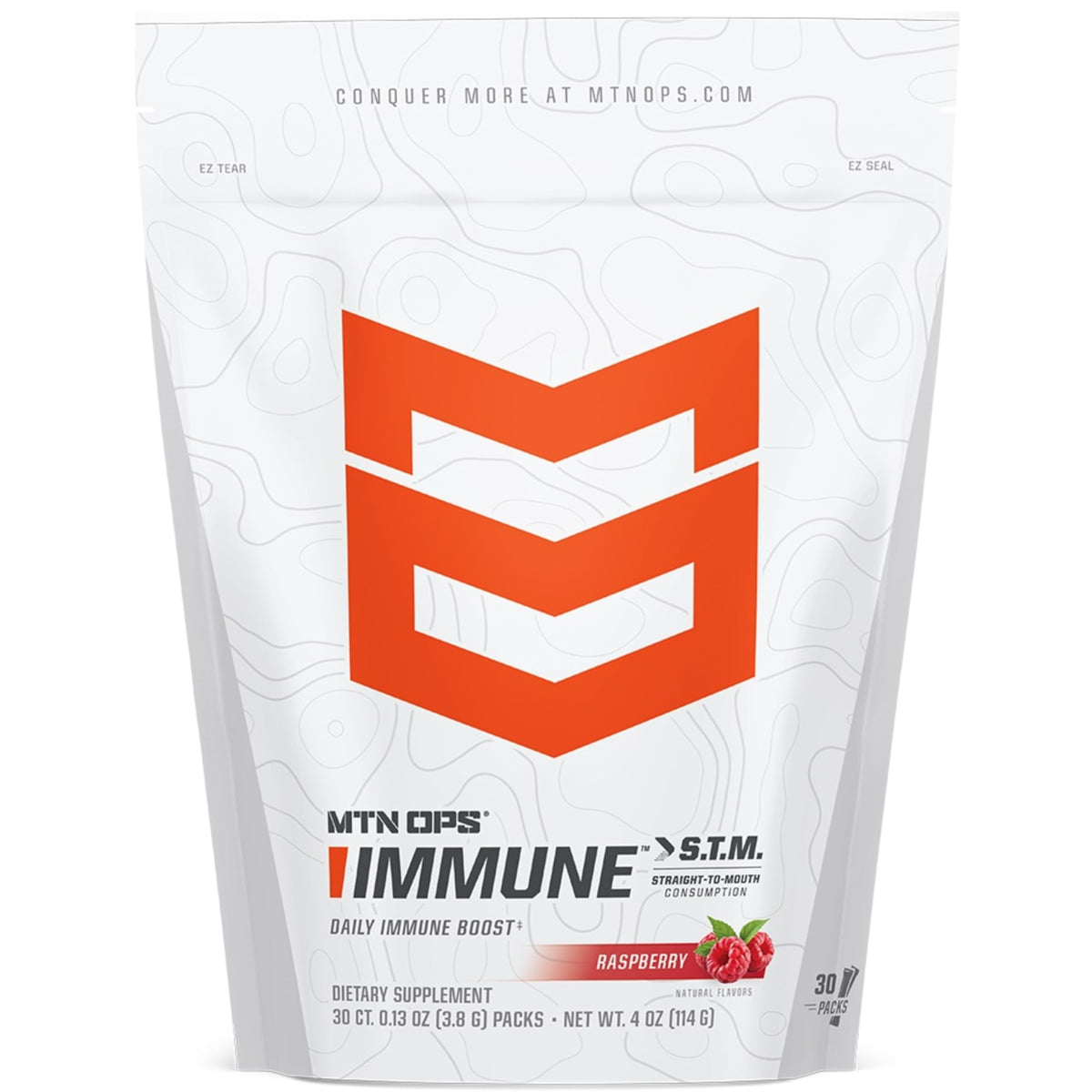 MTN OPS Immune STM, envase de polvo listo para consumir, apoyo diario al sistema inmune.