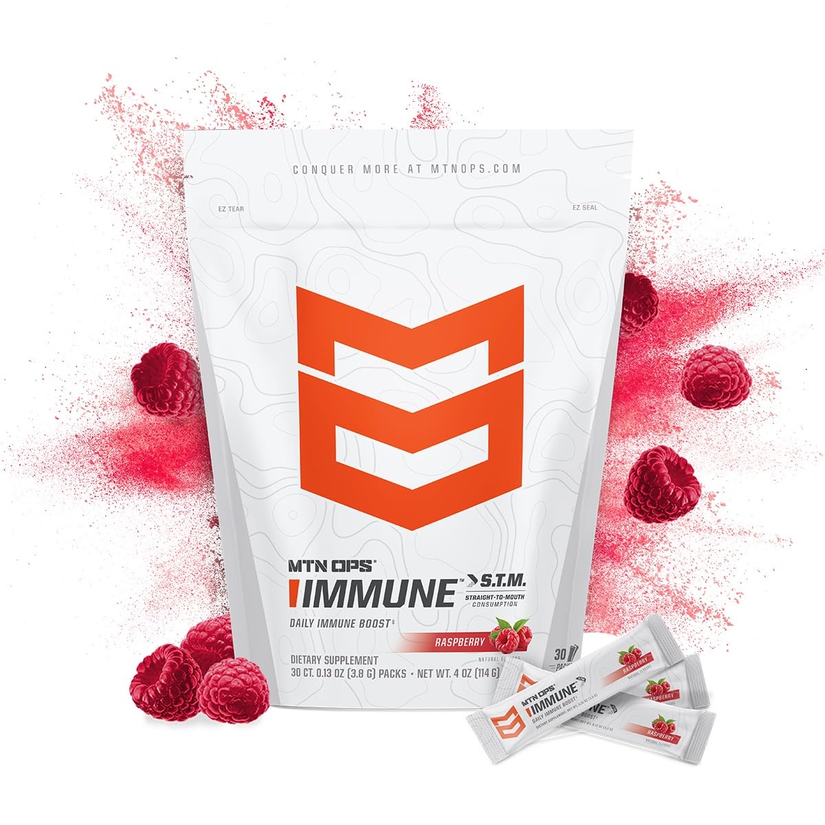 MTN OPS Immune STM, paquete abierto mostrando el polvo, dosis rápida para estar en movimiento.