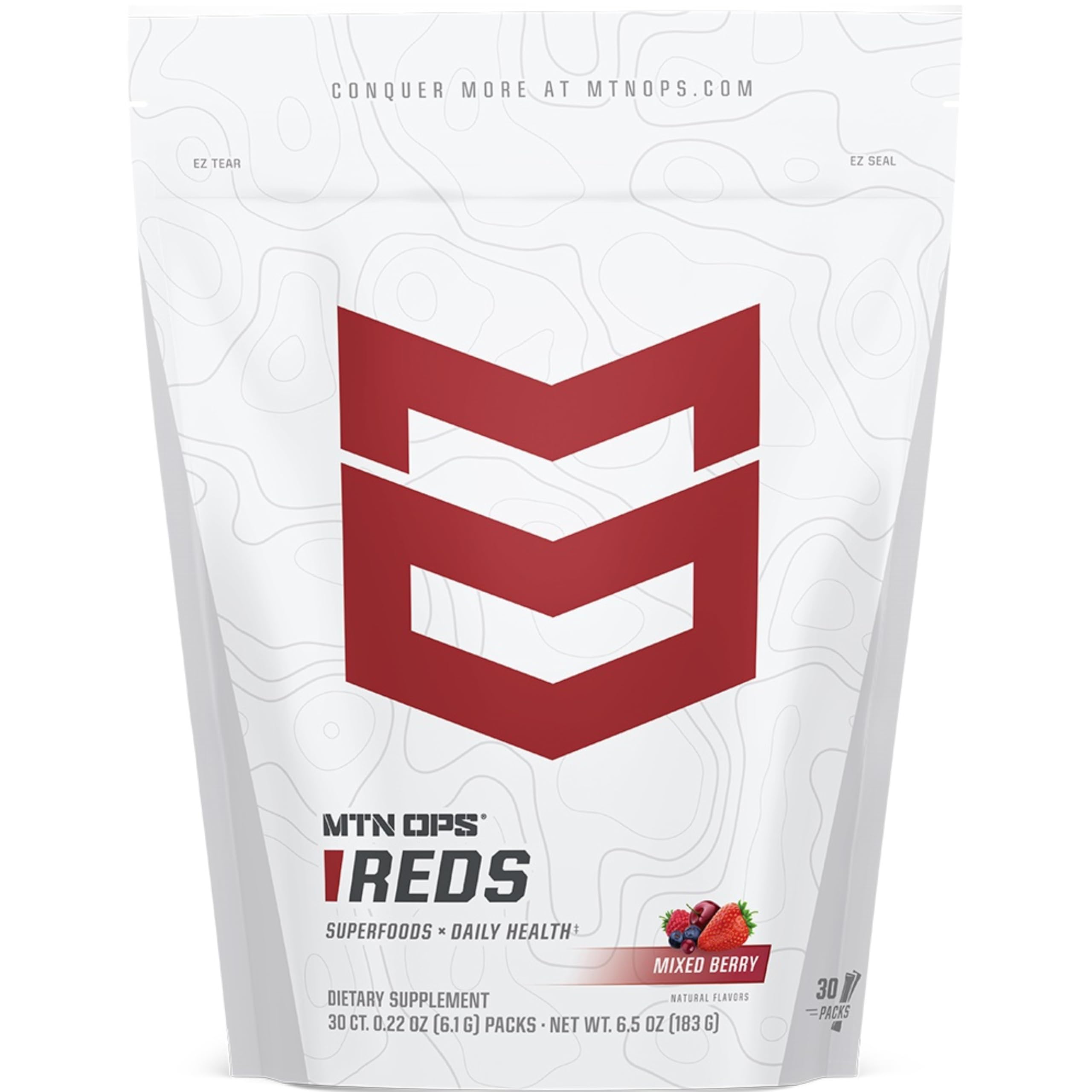 MTN OPS Reds, empaque visible, para apoyar la ingesta diaria de antioxidantes.
