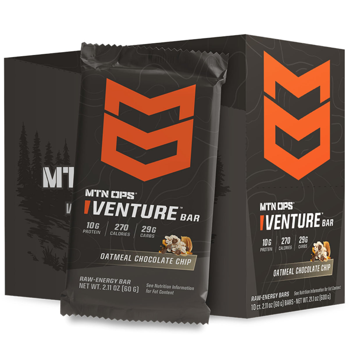barra MTN OPS Venture empaque visible, snack rápido para senderismo.