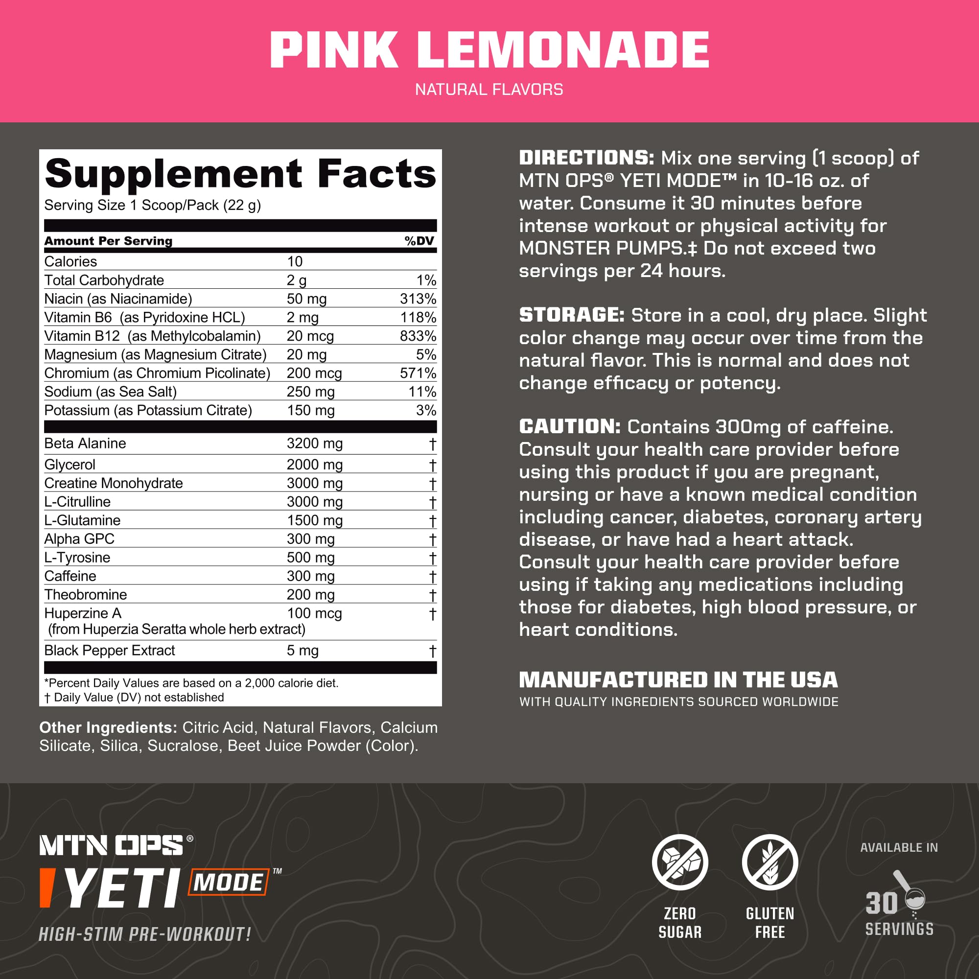 Polvo sabor limón rosado de MTN OPS YETI MODE para energía y sabor.