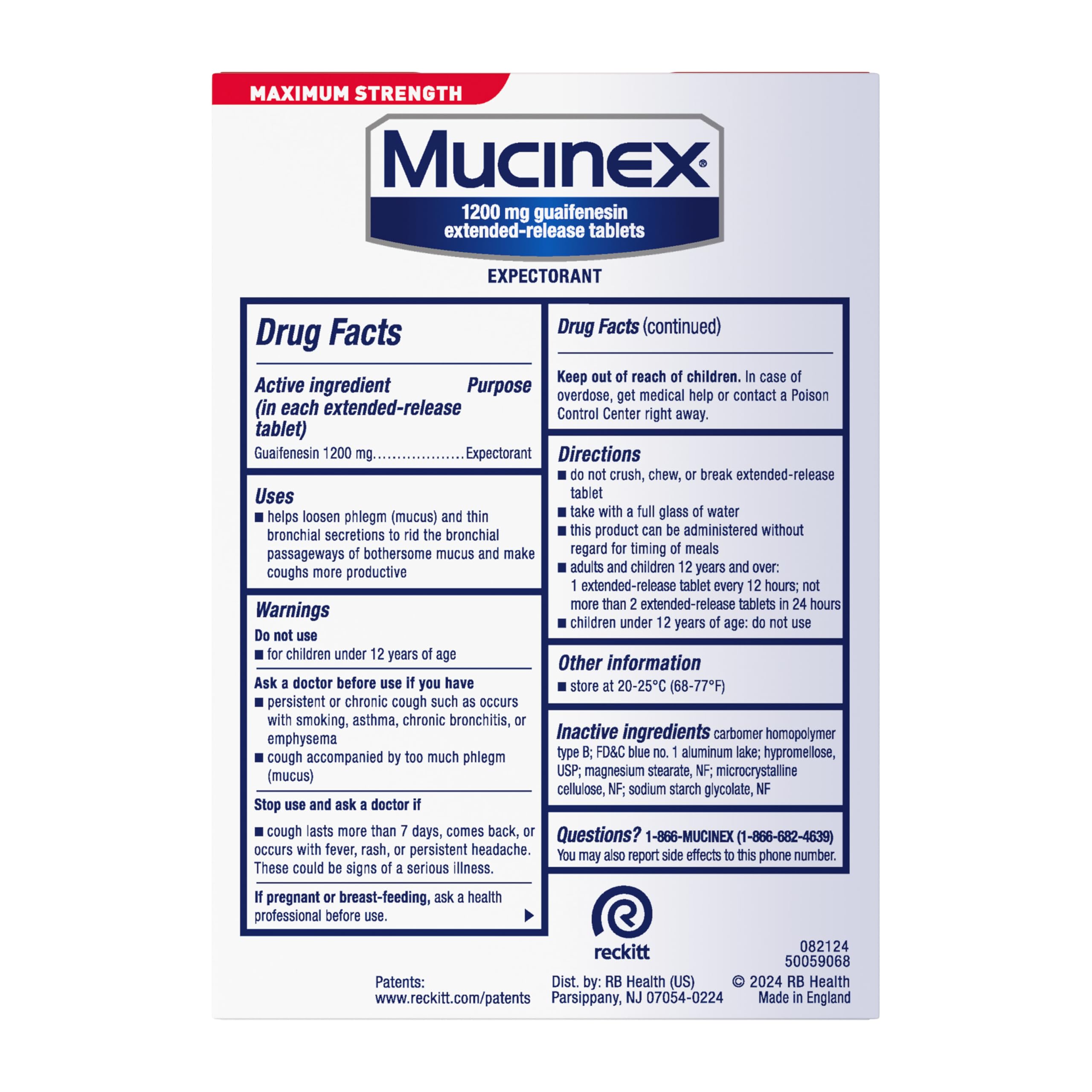 Mucinex 12 Horas etiqueta 1200 mg de guaifenesina para aclarar mucosidad.