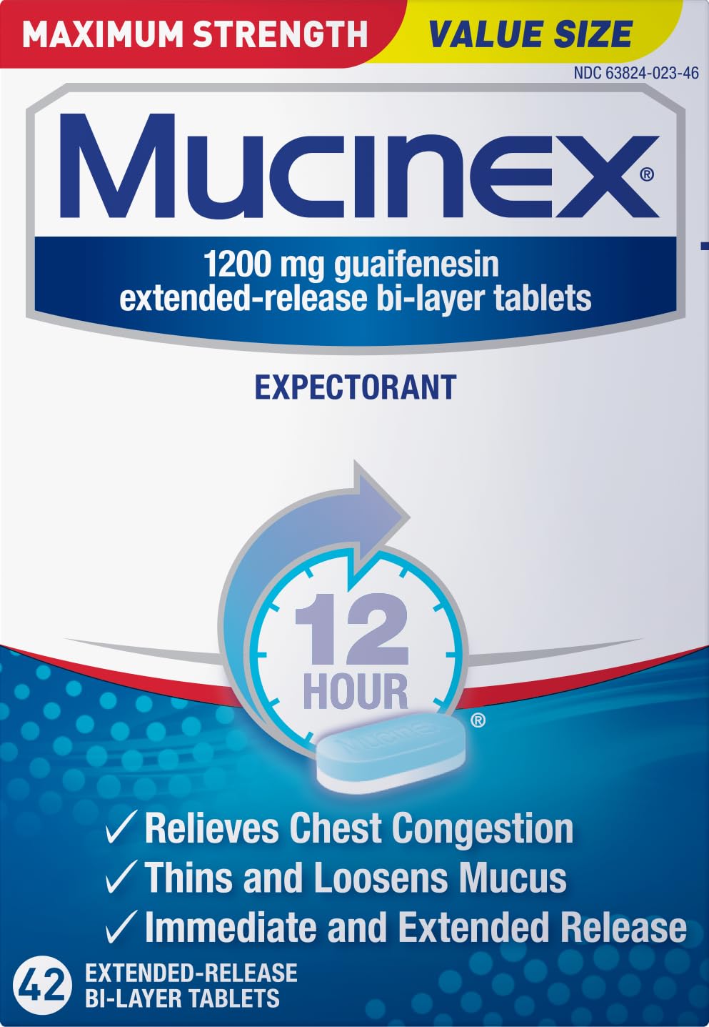 Mucinex 12h con 1200 mg, tabletas para alivio de la congestión torácica.