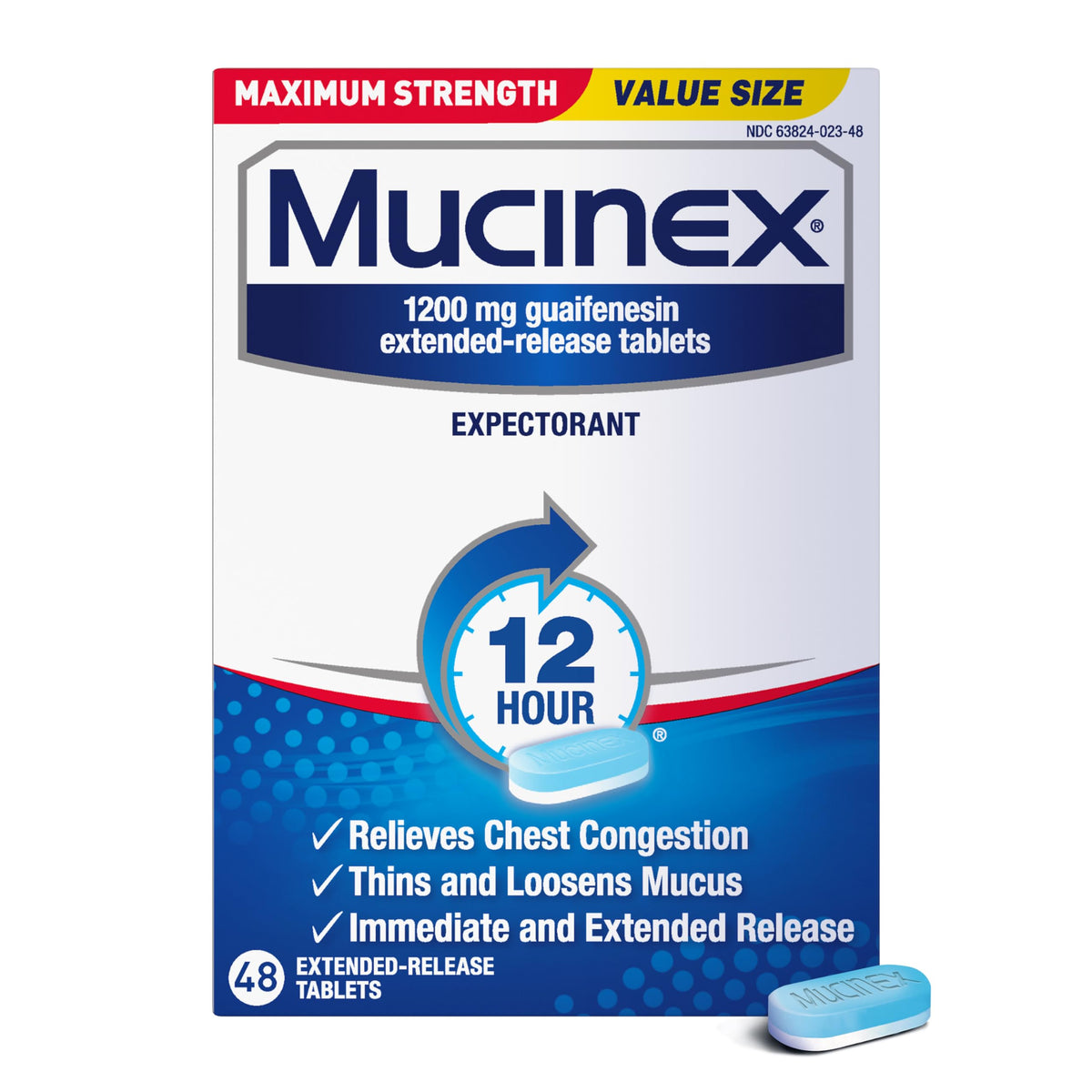 Mucinex 12 Horas tabletas de dos capas para alivio sostenido de mucosidad.
