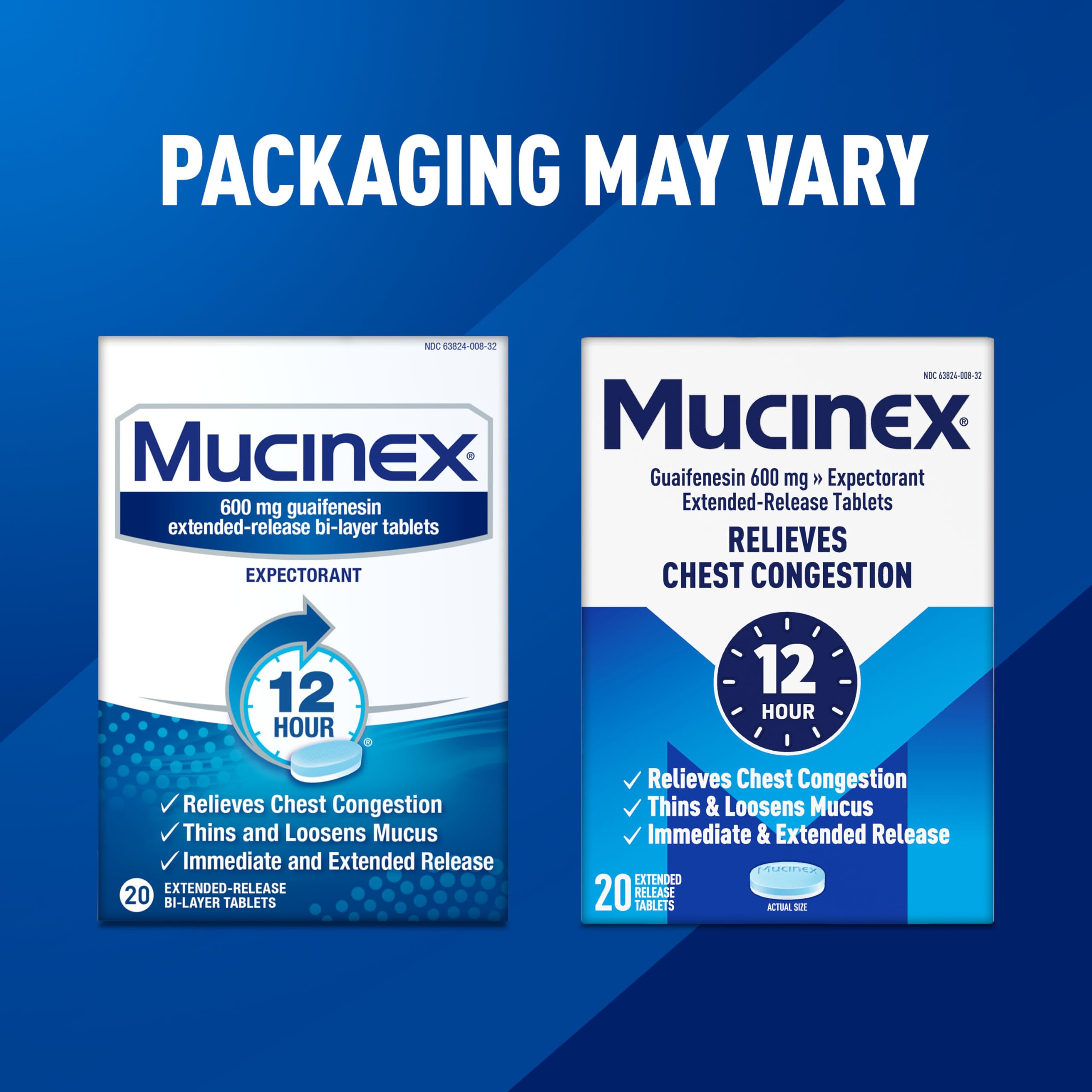 Presentación de 20 tabletas en caja de Mucinex.