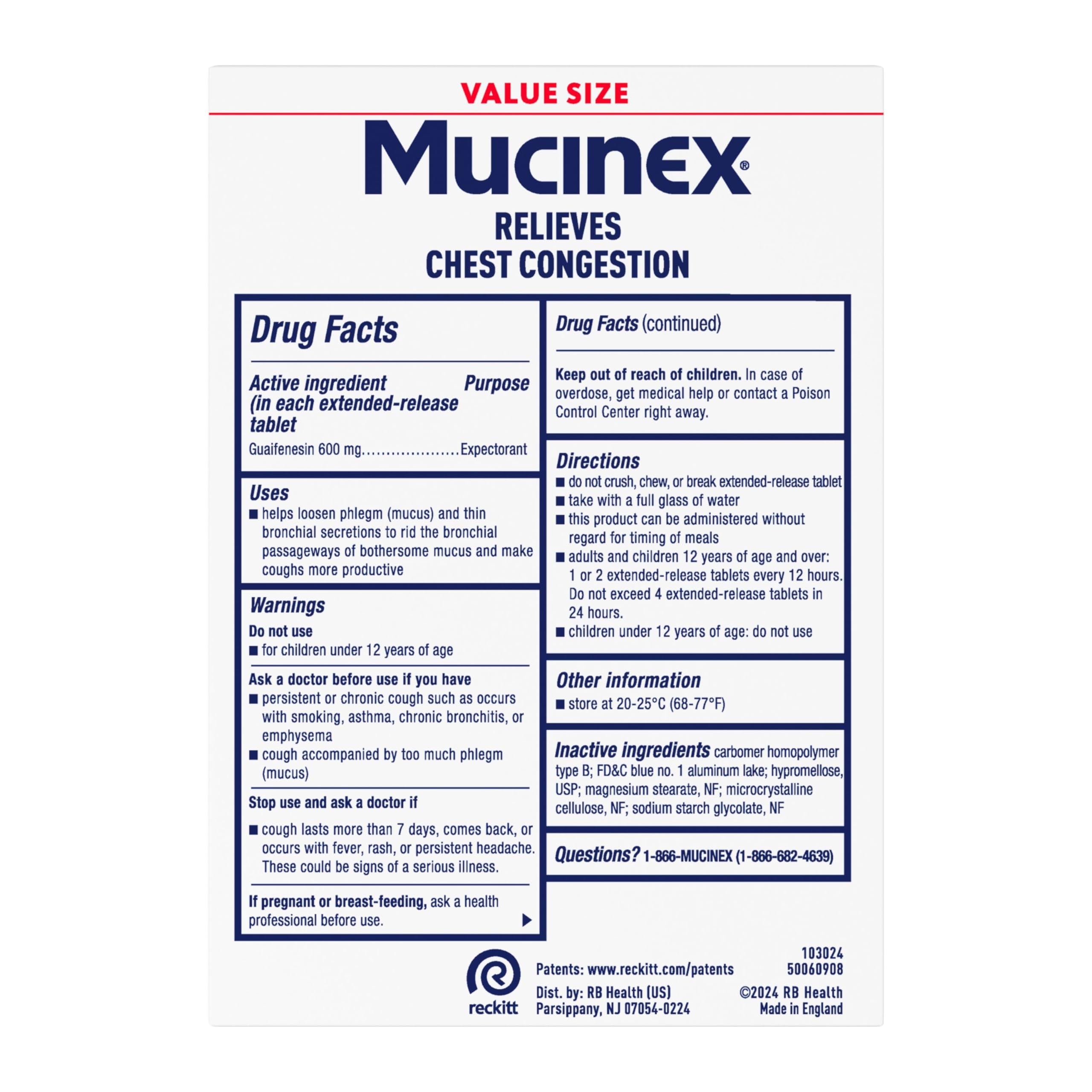 Caja frontal de Mucinex con indicaciones para adultos.