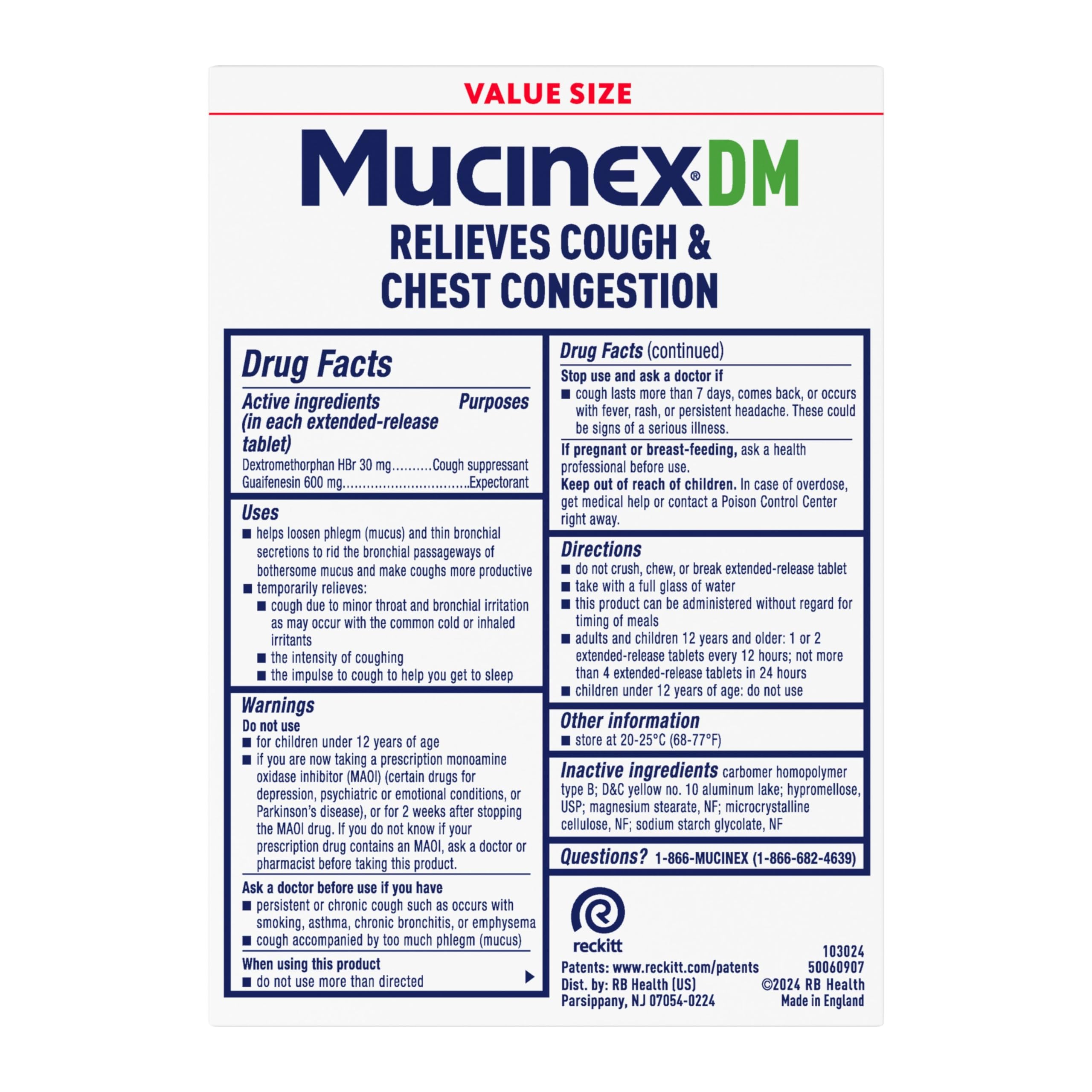 Mucinex DM 12hr: contenido de la caja, instrucciones claras