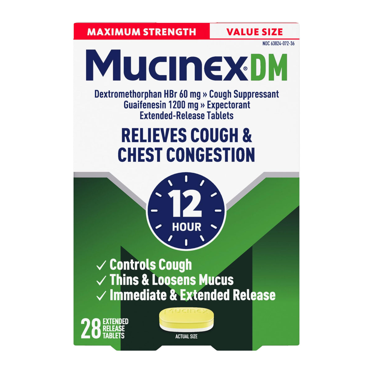 Botella de Mucinex DM vertiendo tabletas para alivio de la tos