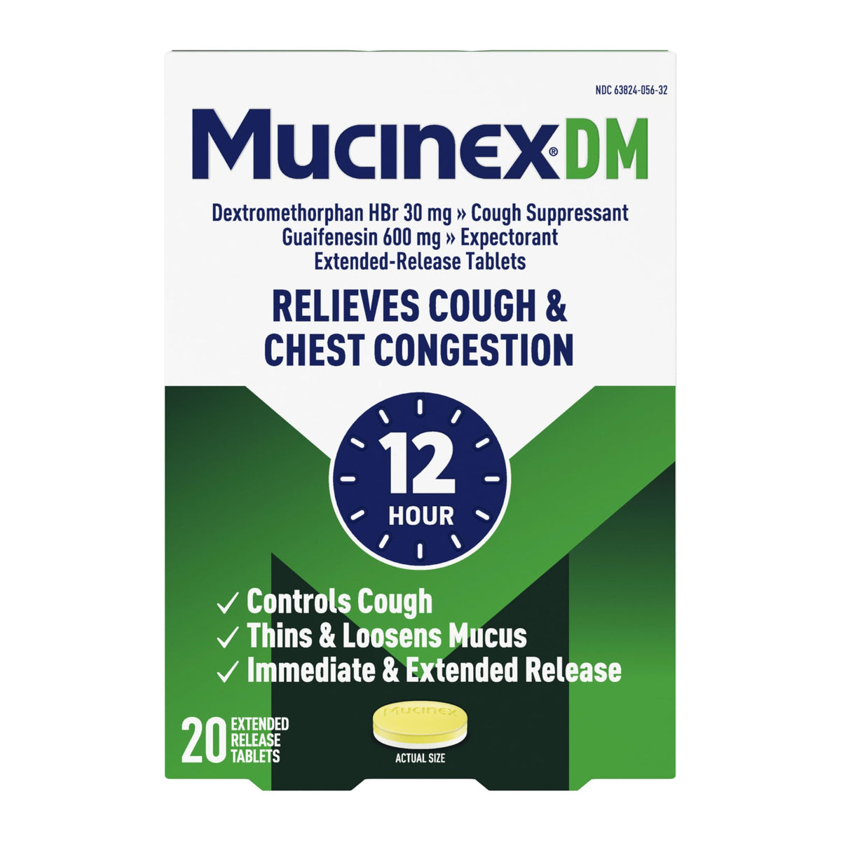 Caja de Mucinex DM para alivio de tos y congestión durante 12 horas.