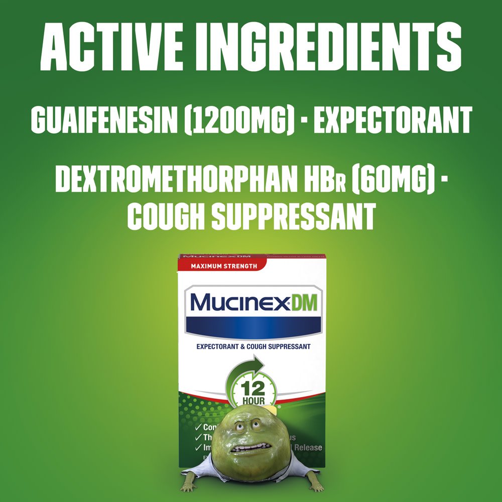 Etiqueta de Mucinex DM con instrucciones de uso.