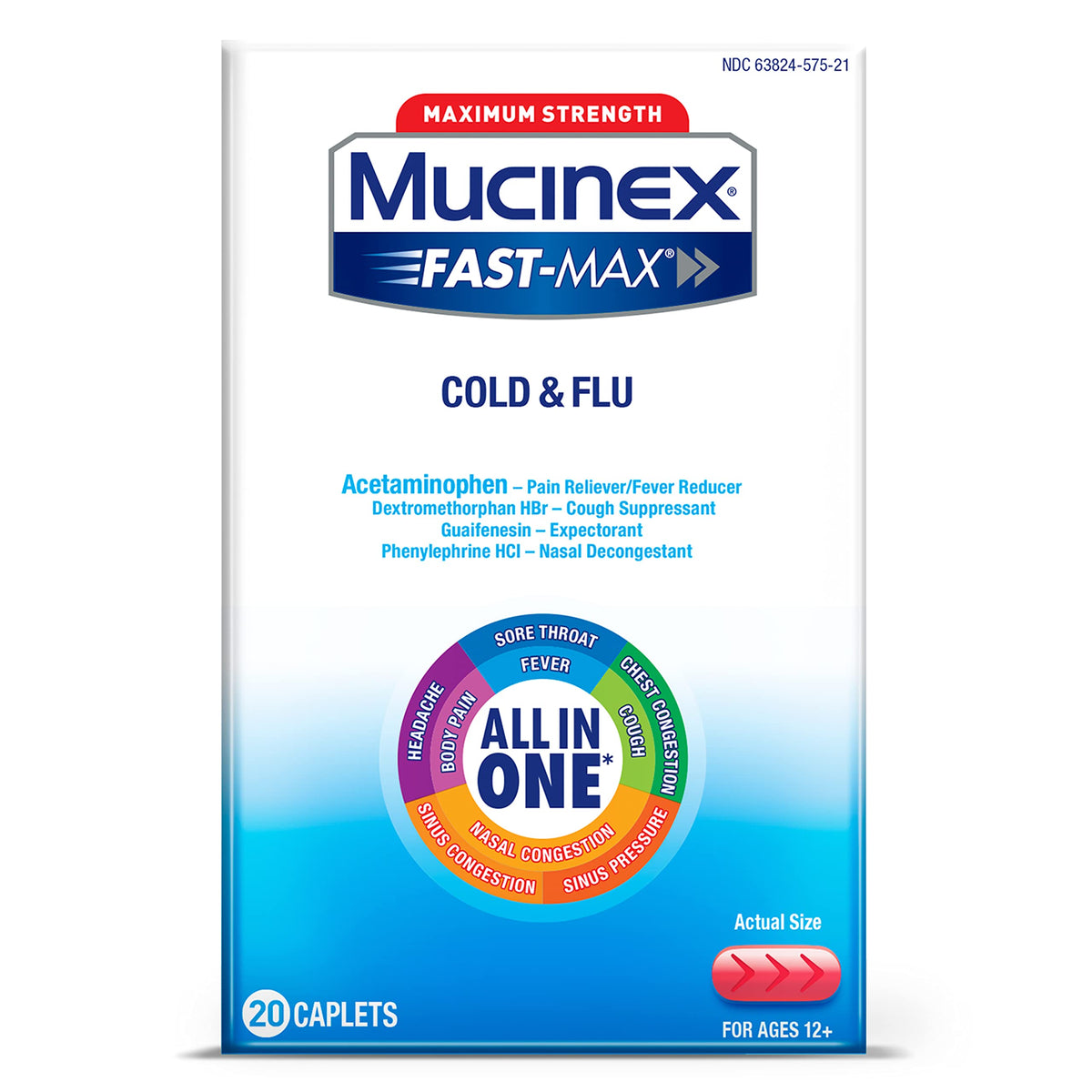 Caja de Mucinex Fast-Max Caplets para alivio de múltiples síntomas del resfriado.