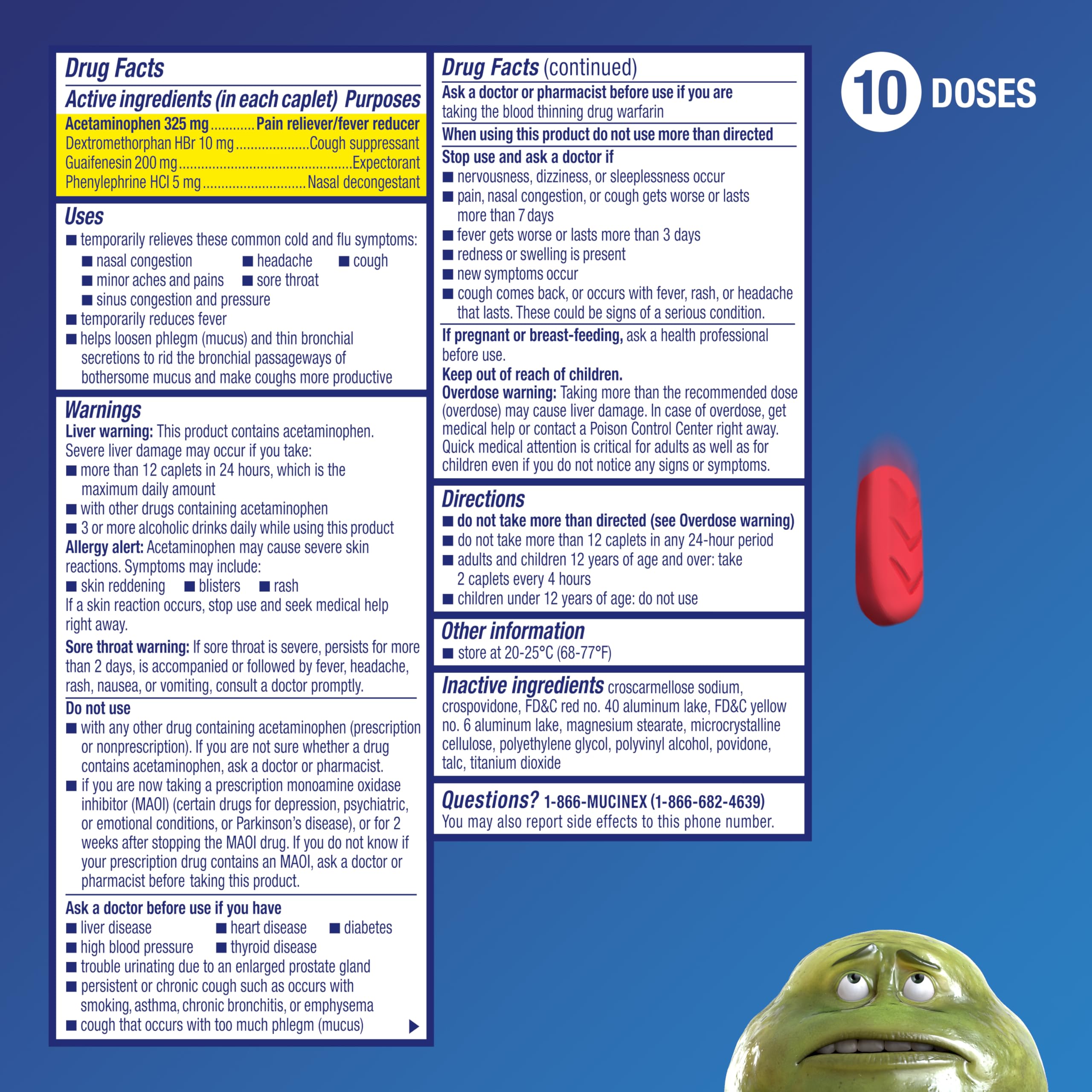 Etiqueta de Mucinex Fast-Max Caplets con instrucciones para adultos.