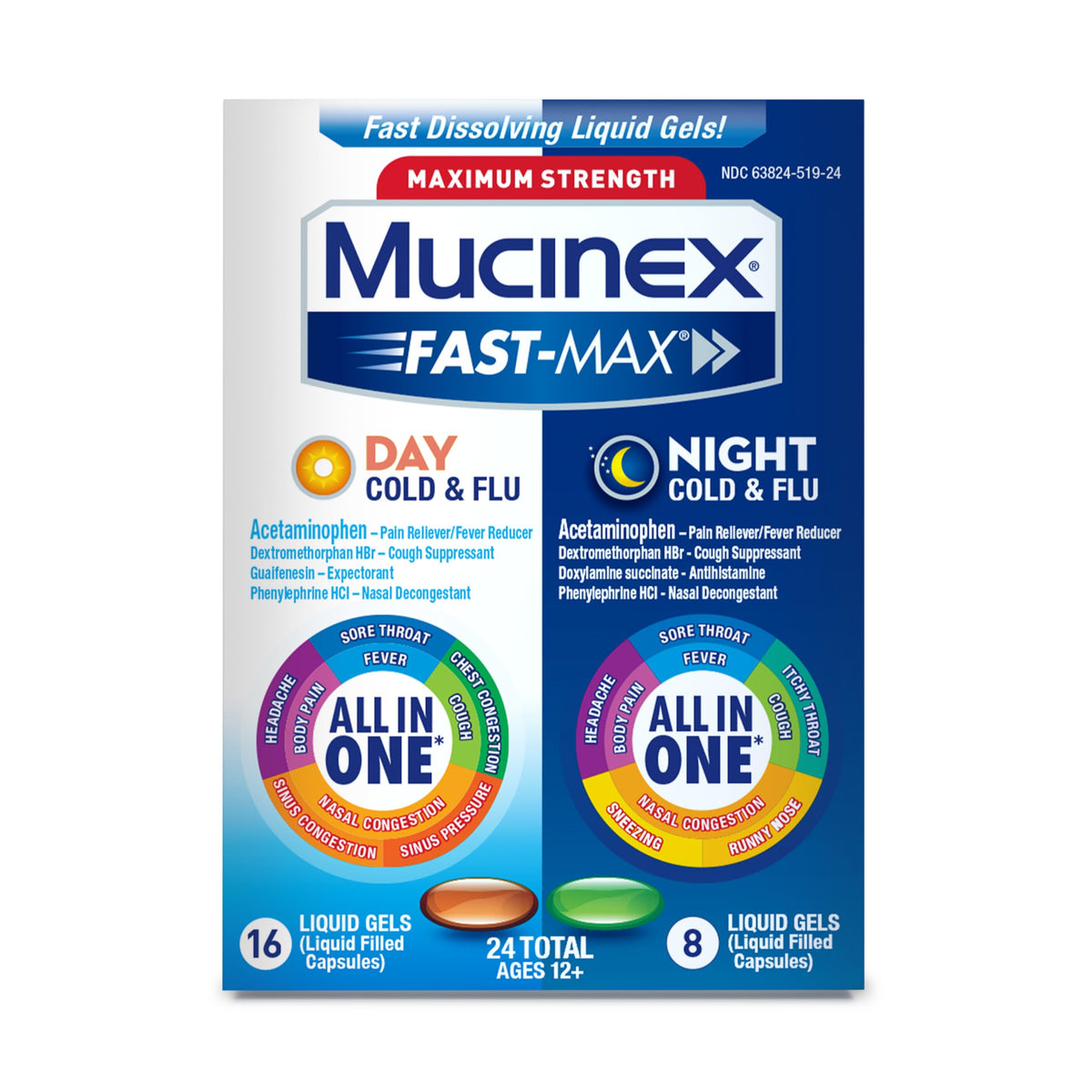 Mucinex Fast-Max Día: gel líquido en botella para alivio posible de fiebre y dolor.