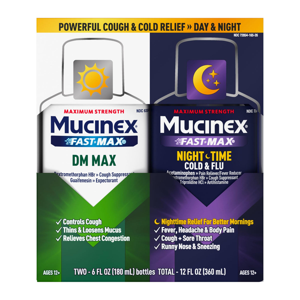 Mucinex Fast-Max DM Max, botella 6oz, enfoque en tos y congestión.