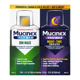 Mucinex Fast-Max DM Max, botella 6oz, enfoque en tos y congestión.
