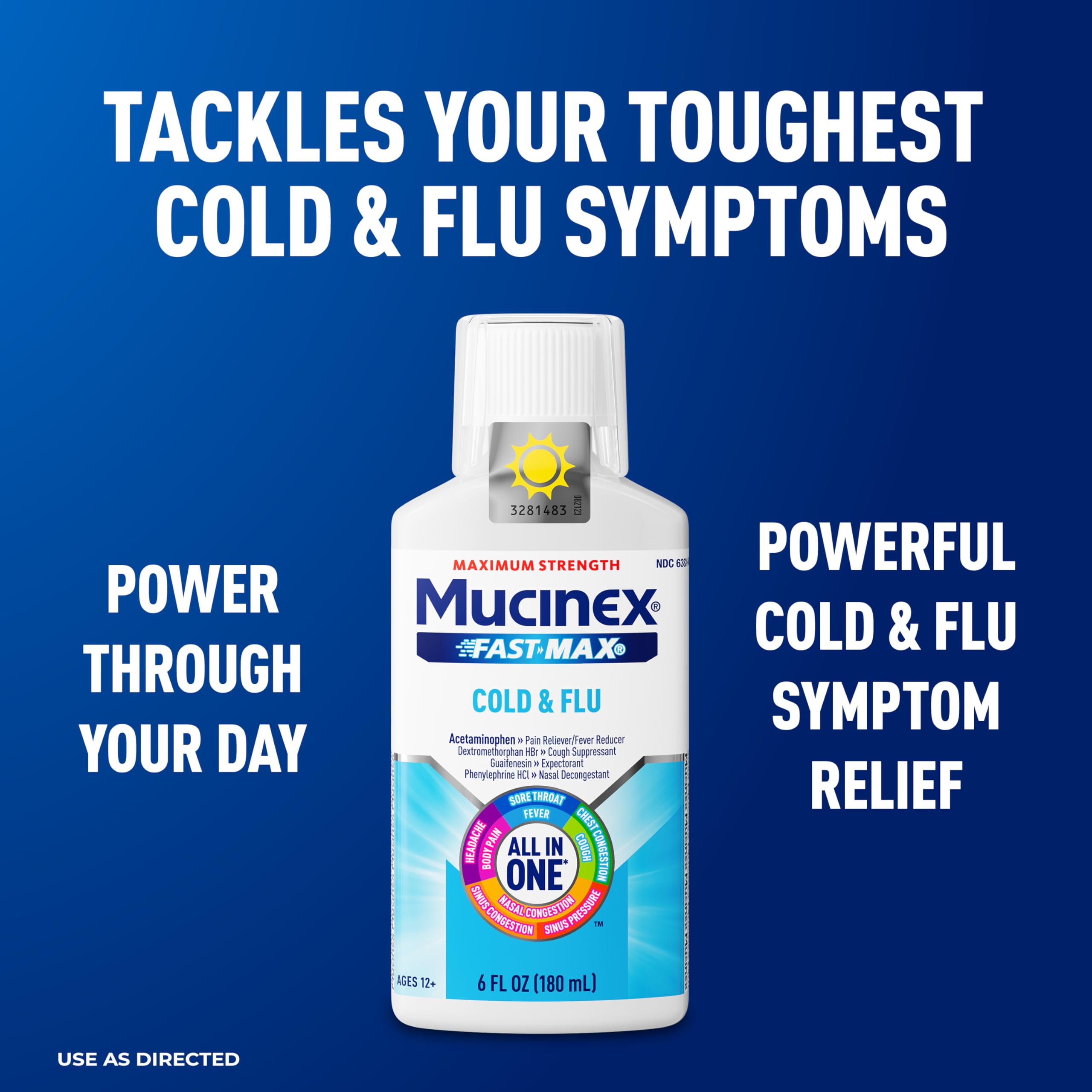 Mucinex Fast-Max, etiqueta de ingredientes, detalla acetaminofén, dextrometorfano y guaifenesina.