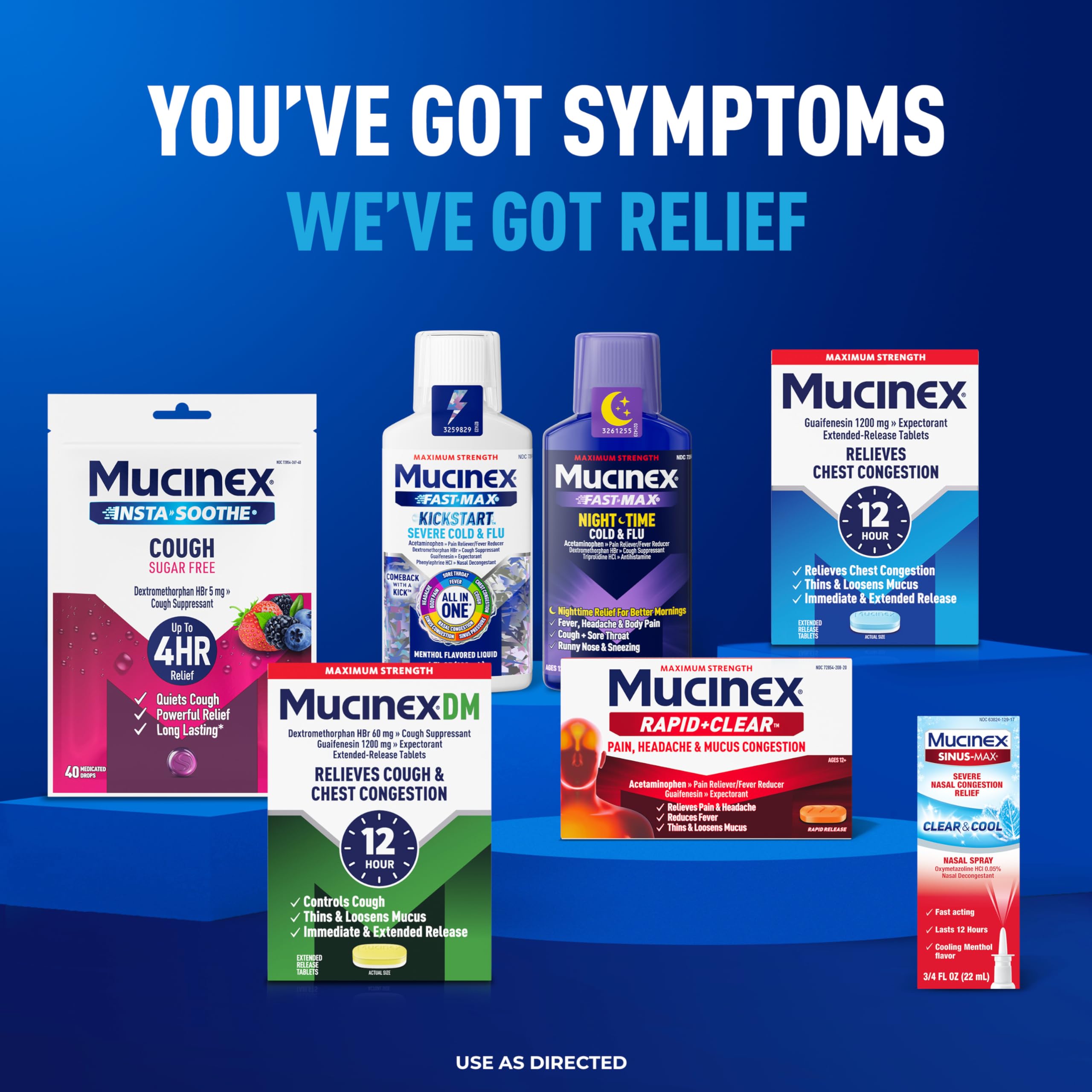 Mucinex Fast-Max, etiqueta-resumen, énfasis en alivio de fiebre y dolor.