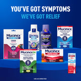 Mucinex Fast-Max, etiqueta-resumen, énfasis en alivio de fiebre y dolor.