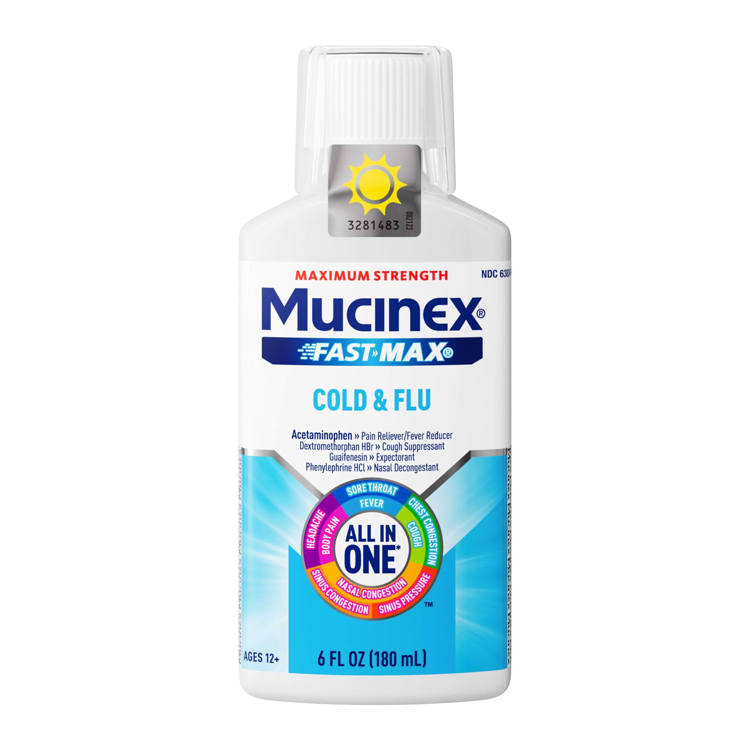 Mucinex Fast-Max, frente de la botella, alivio para tos y congestión.