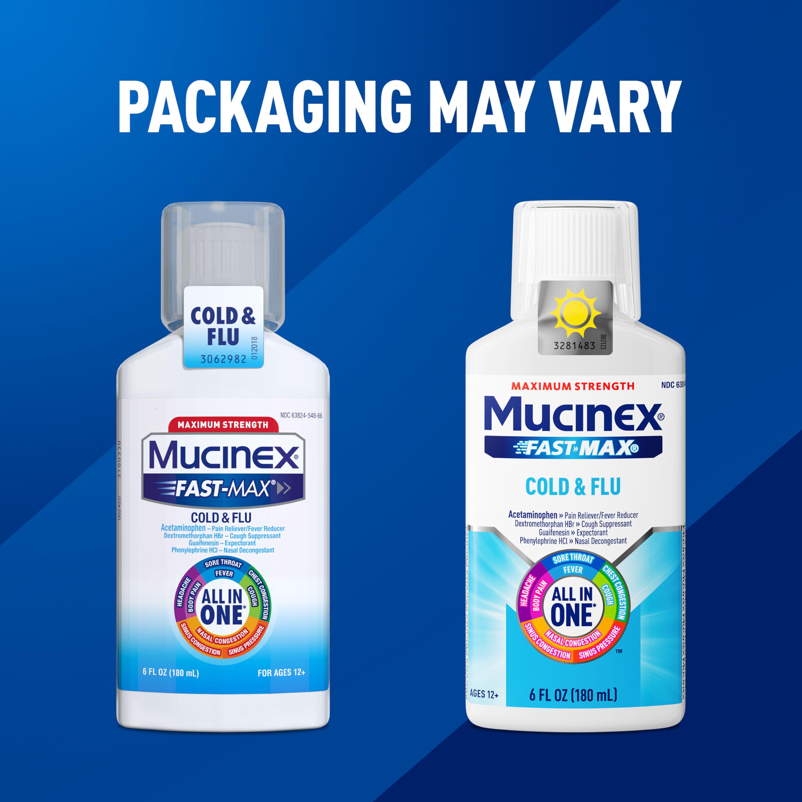 Mucinex Fast-Max, instrucciones en envase, guía de uso rápido.