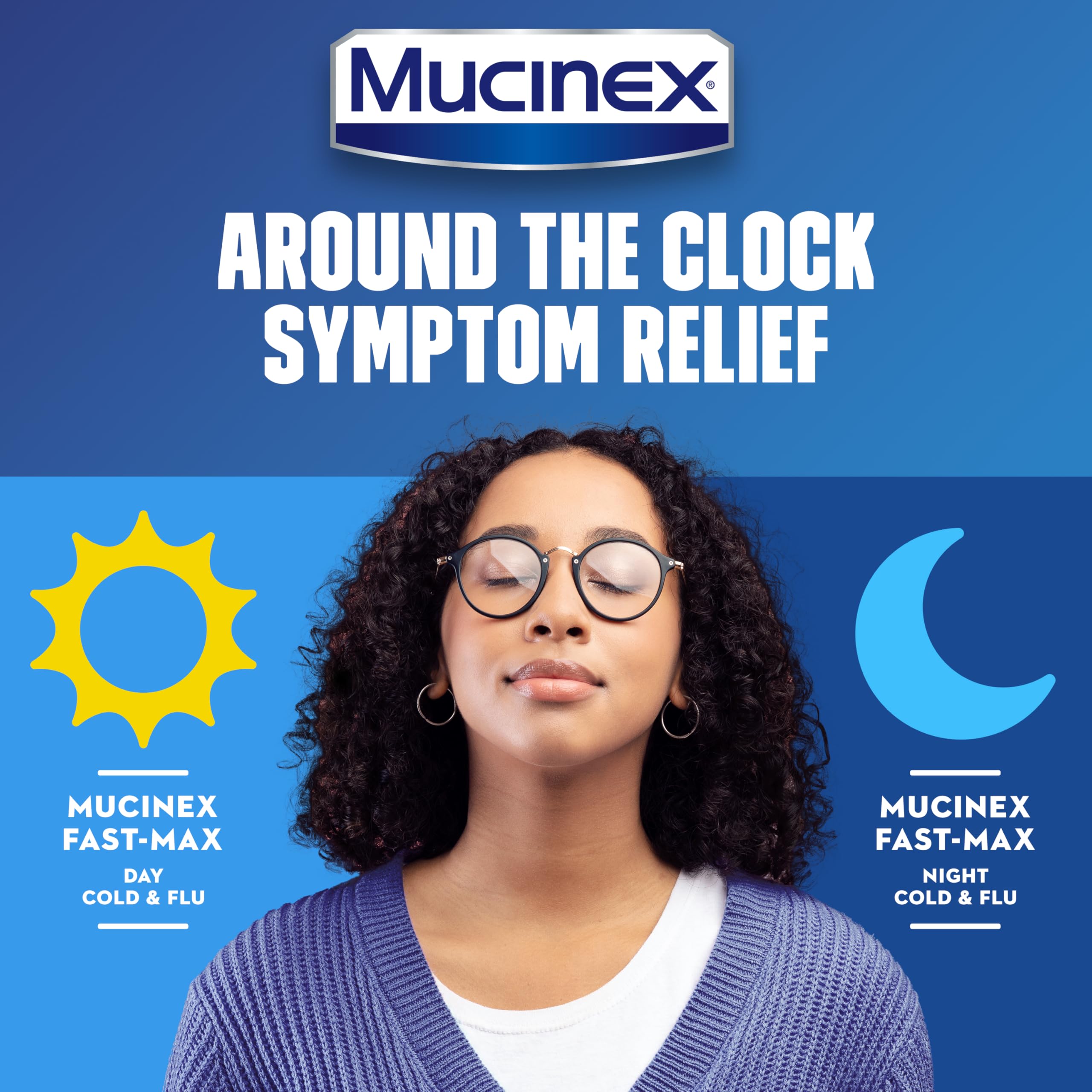 Mucinex Fast-Max Noche: etiqueta frontal con indicaciones y advertencias.