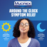 Mucinex Fast-Max Noche: etiqueta frontal con indicaciones y advertencias.