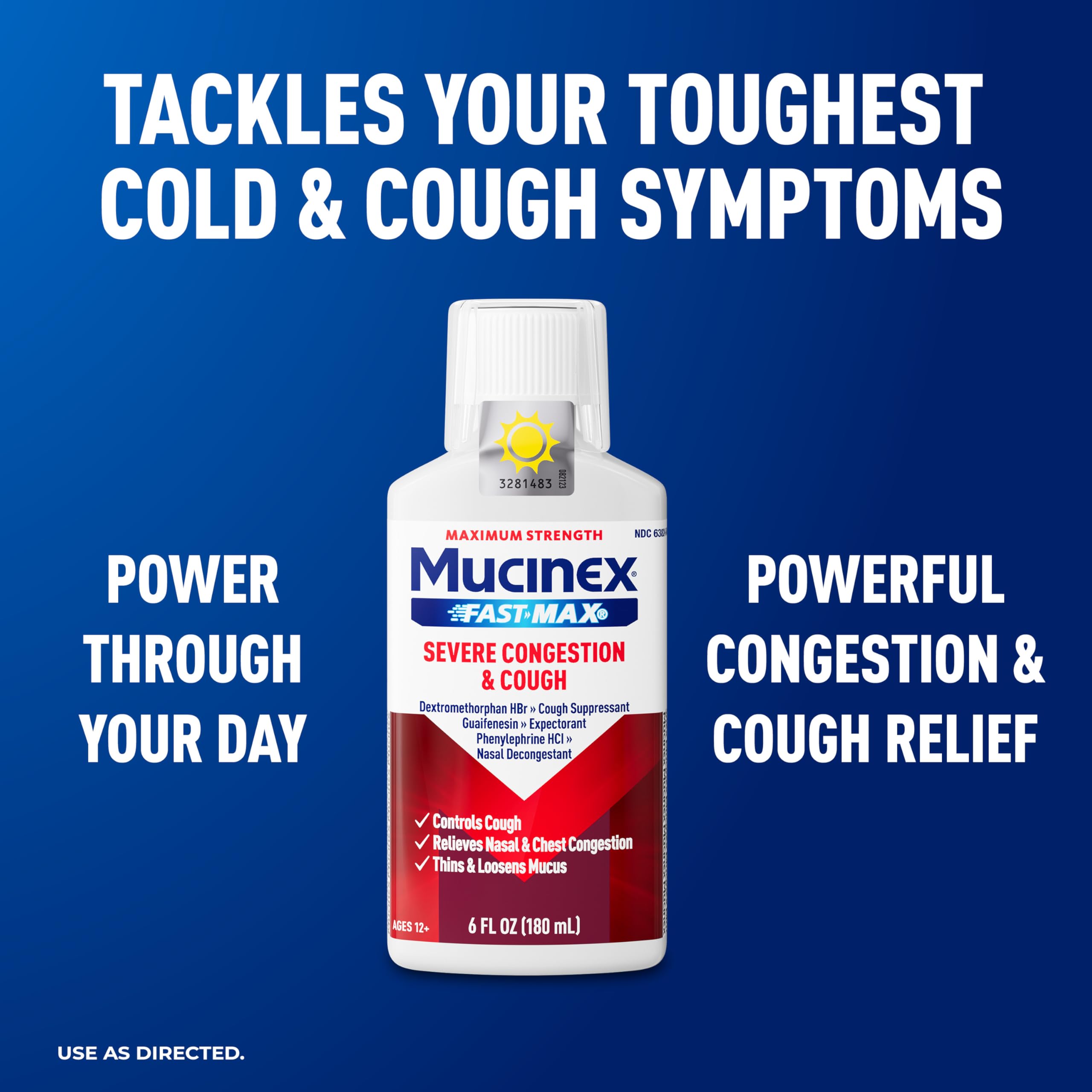 Etiqueta de Mucinex Fast-Max indica uso para tos y congestión