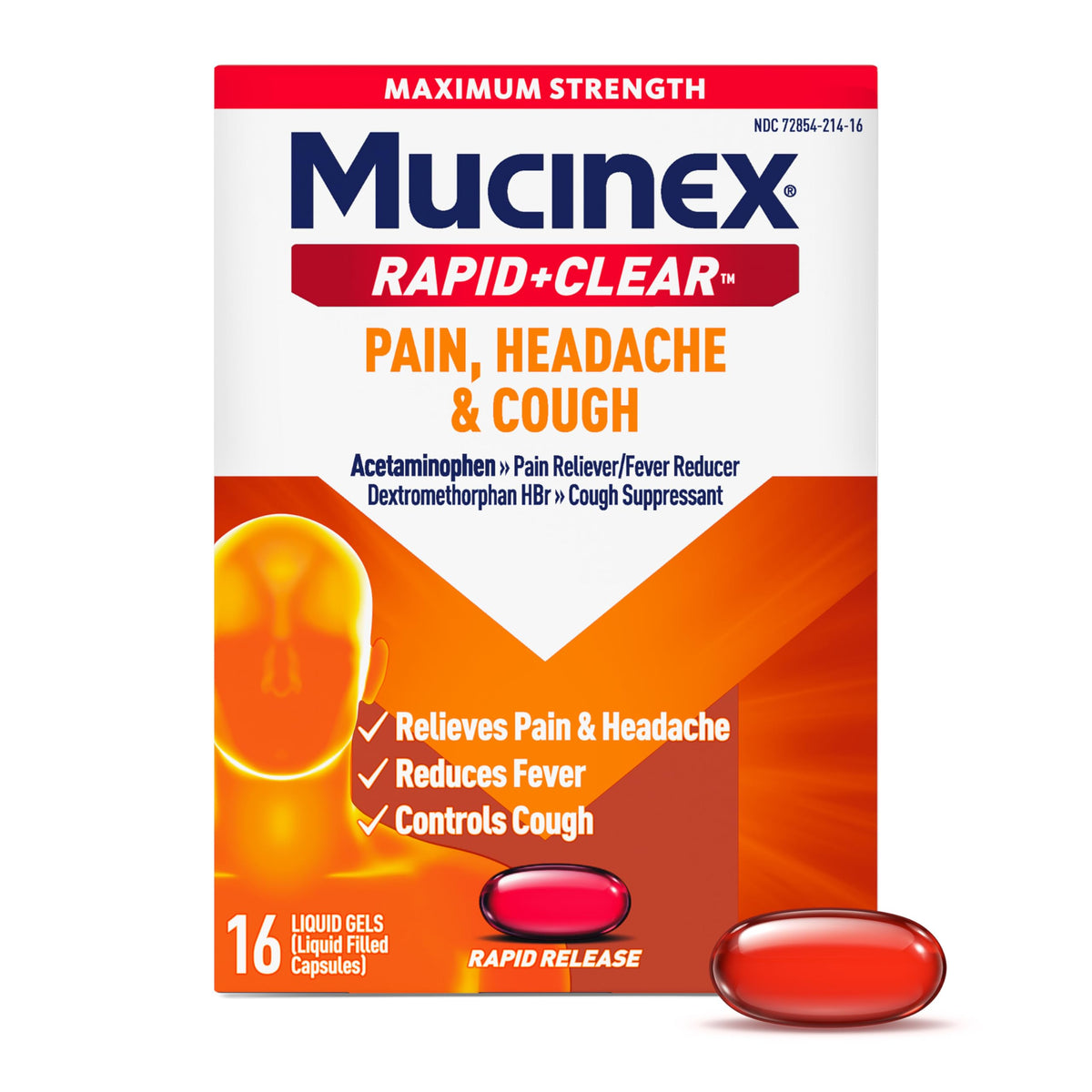 Mucinex gel liberación rápida en botella para alivio posible del dolor de cabeza.
