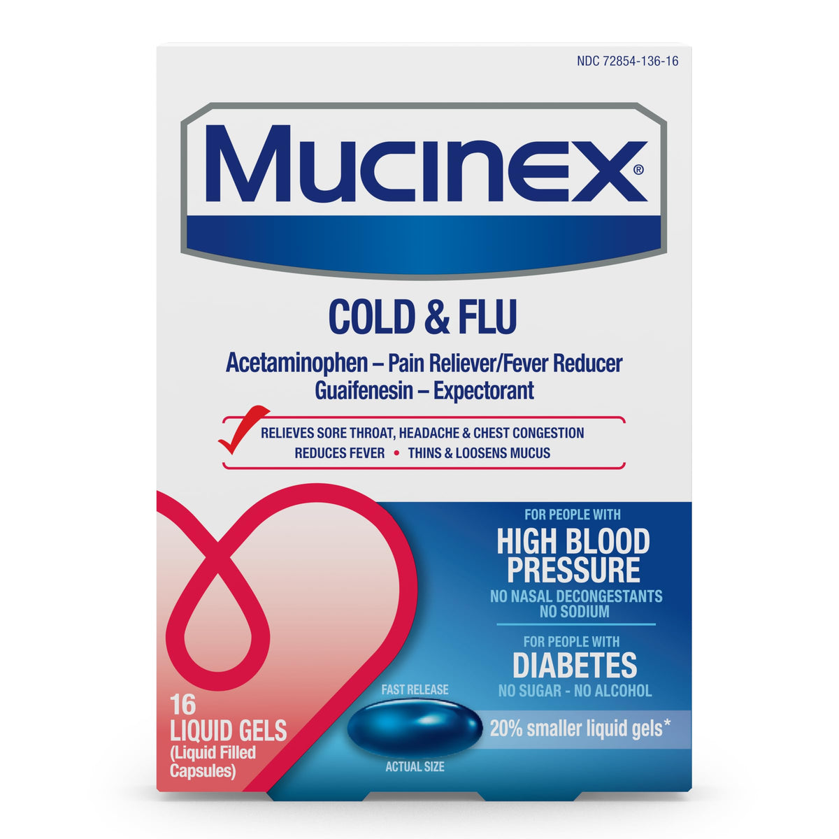 Mucinex geles líquidos, bote visible, alivio temporal de congestión.