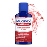 Mucinex Sinus-Max botella de 6 oz para congestión severa y alivio.
