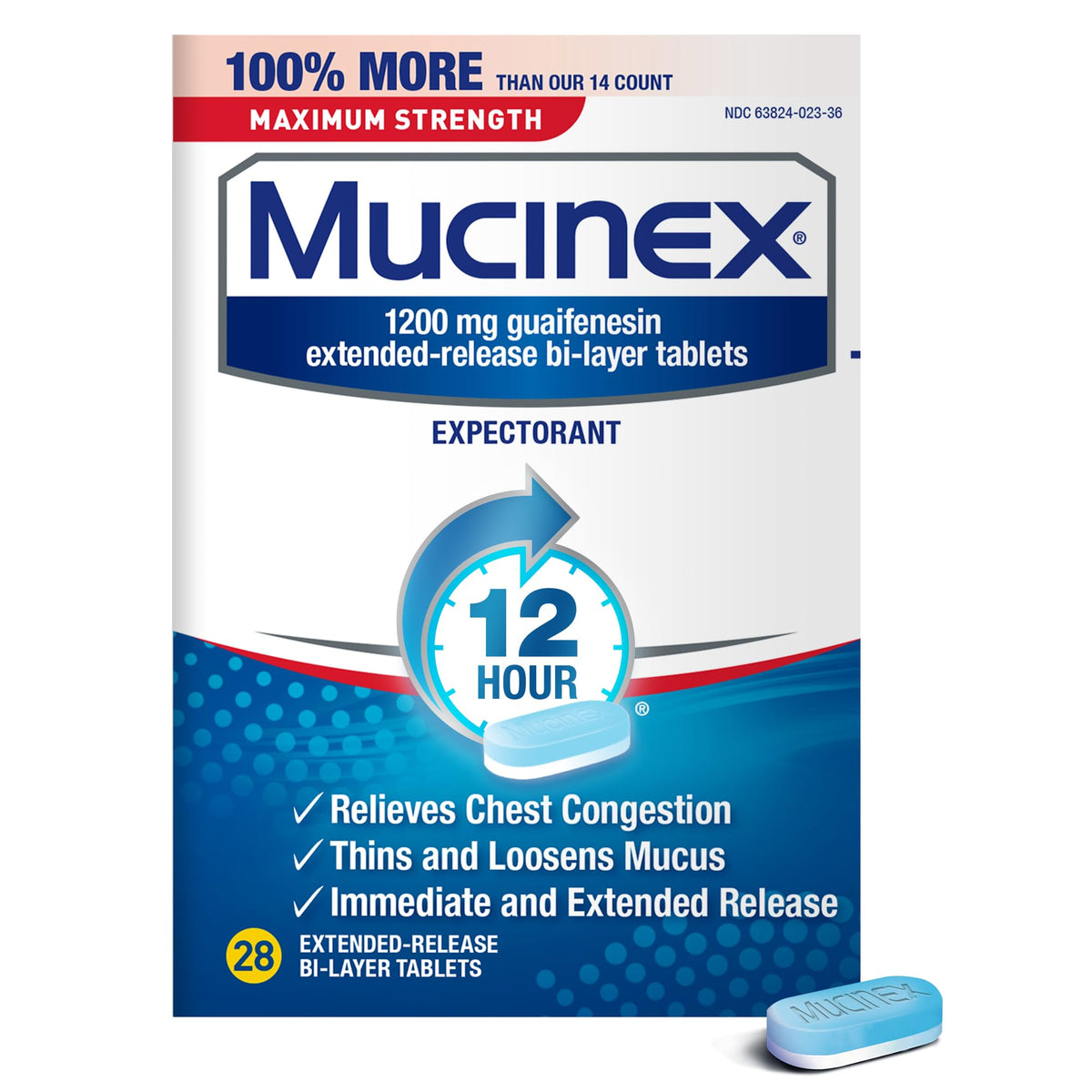 Mucinex tableta alta fuerza 12h alivia la congestión torácica.