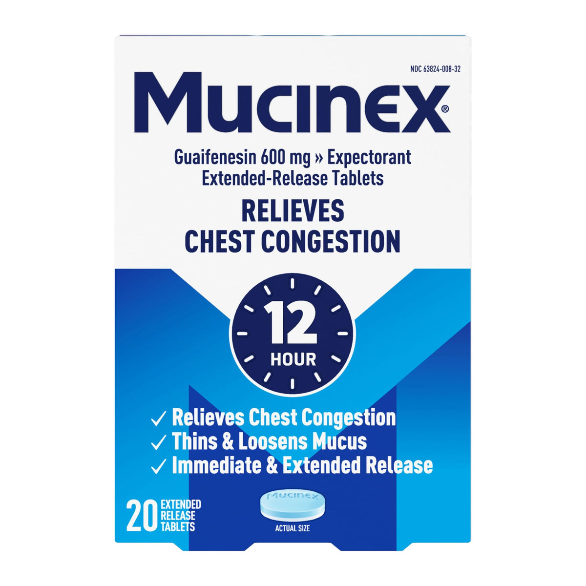 Mucinex tabletas bicapa 12 horas en frasco para congestión torácica.