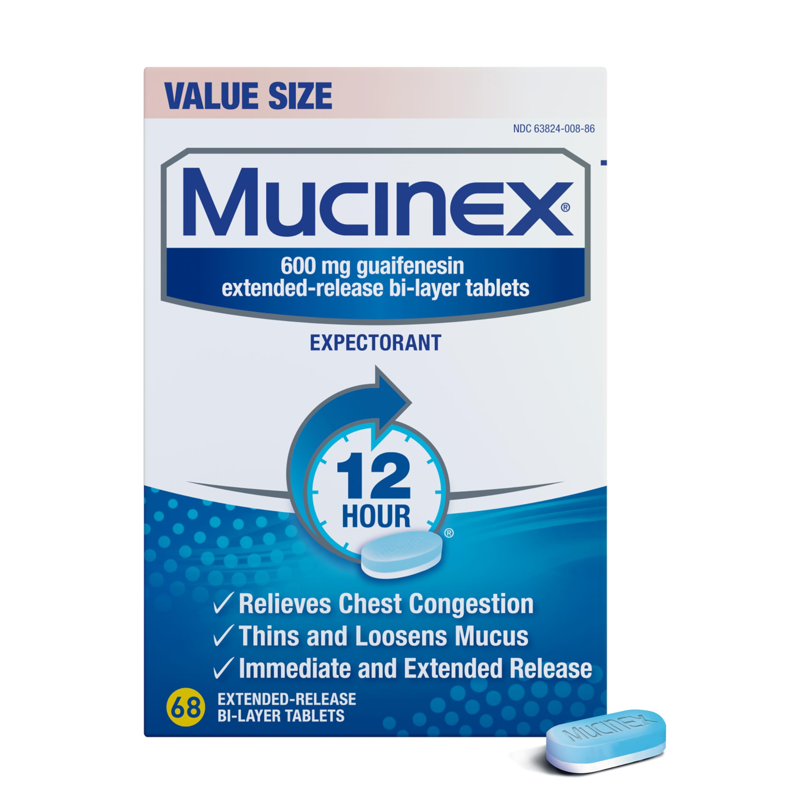 Mucinex 600 mg tableta bicapa para alivio de congestión torácica.