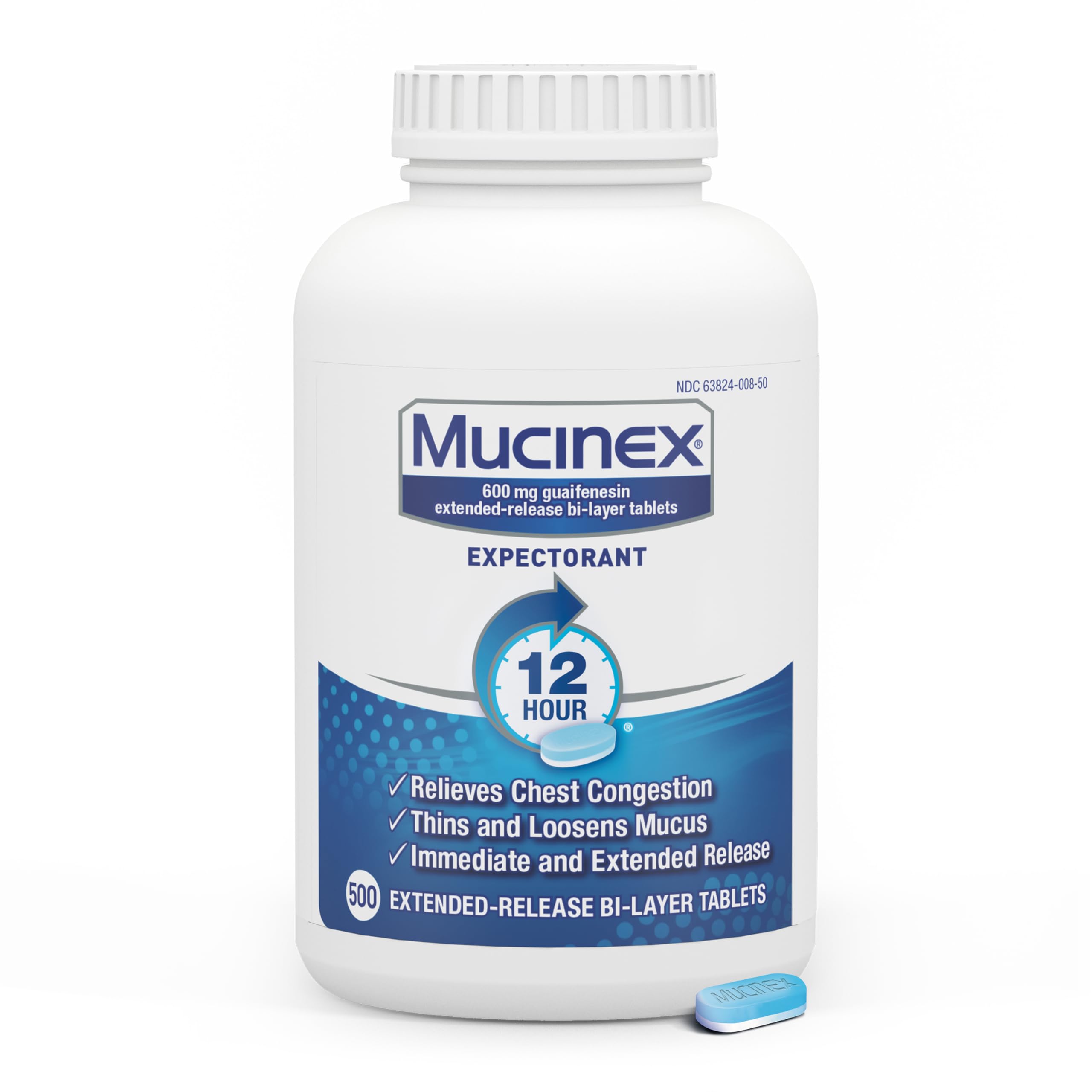 Mucinex tableta biolayer con liberación extendida para alivio de la congestión torácica.