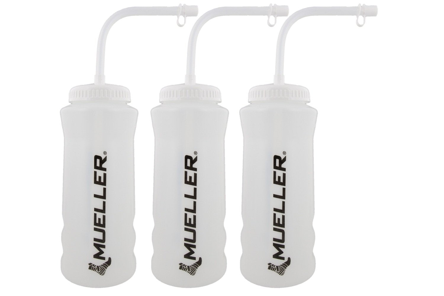 Botella Mueller Quart con pajilla, color natural y letras negras, ideal para entrenamiento.